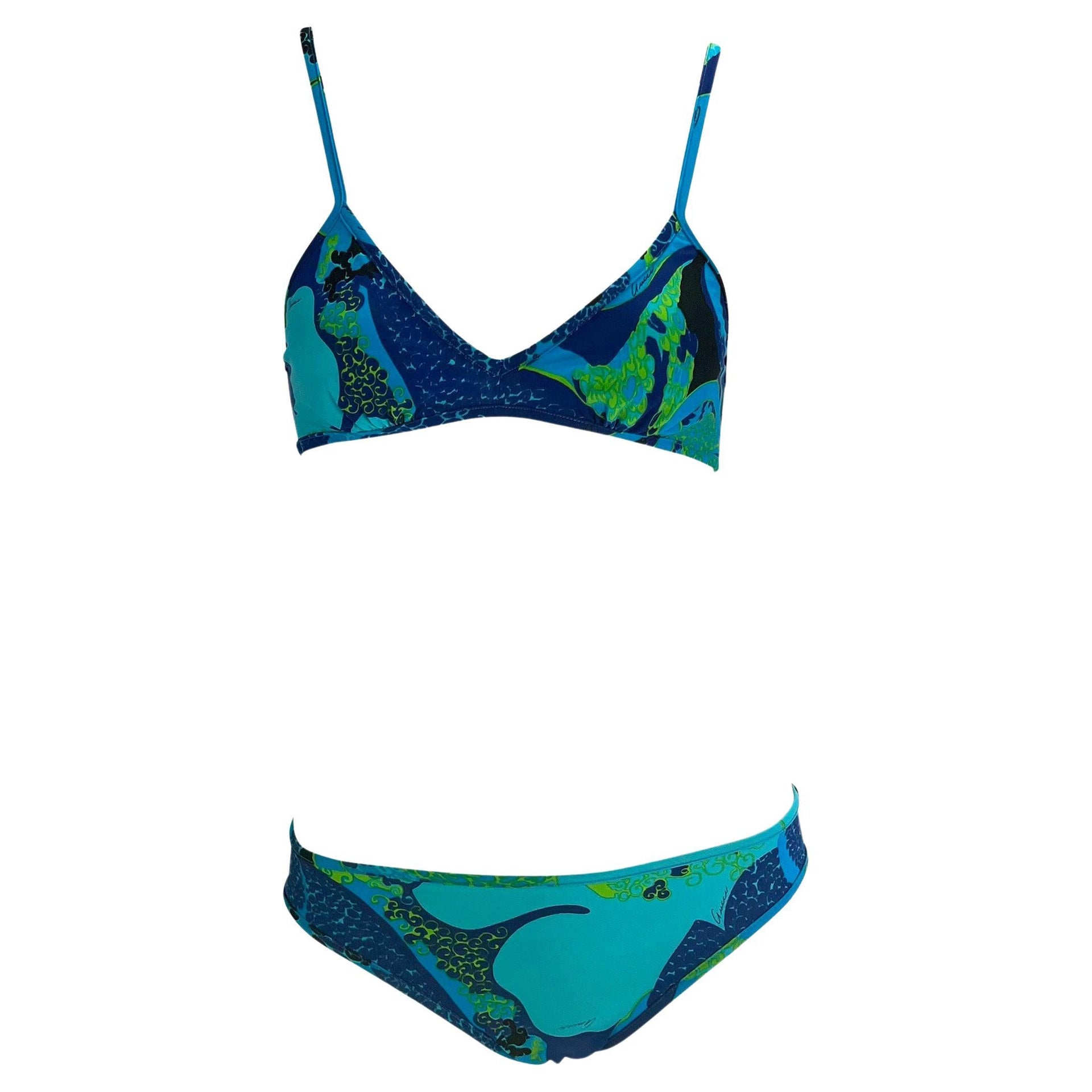 S/S 1999 Gucci by Tom Ford Blue 'Acid Flower' Print Bikini Swim Set