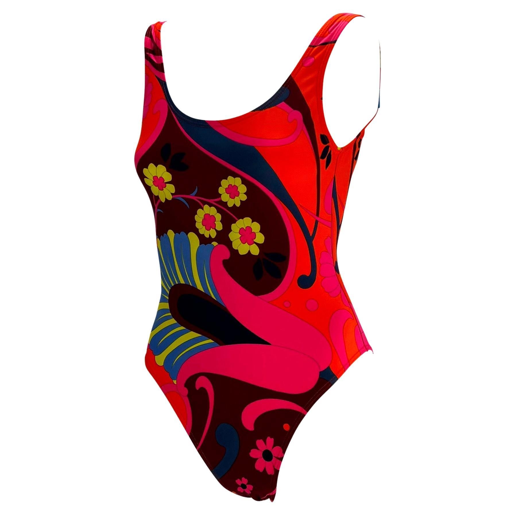 S/S 1999 Gucci by Tom Ford Pink Orange Psychedelic Floral One Piece Swimsuit