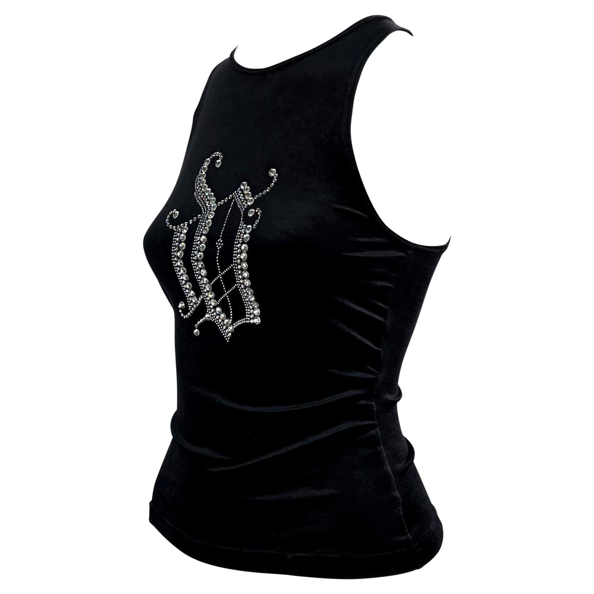 2000s Versace by Donatella Rhinestone Monogram Logo Black Velvet Stretch Tank Top