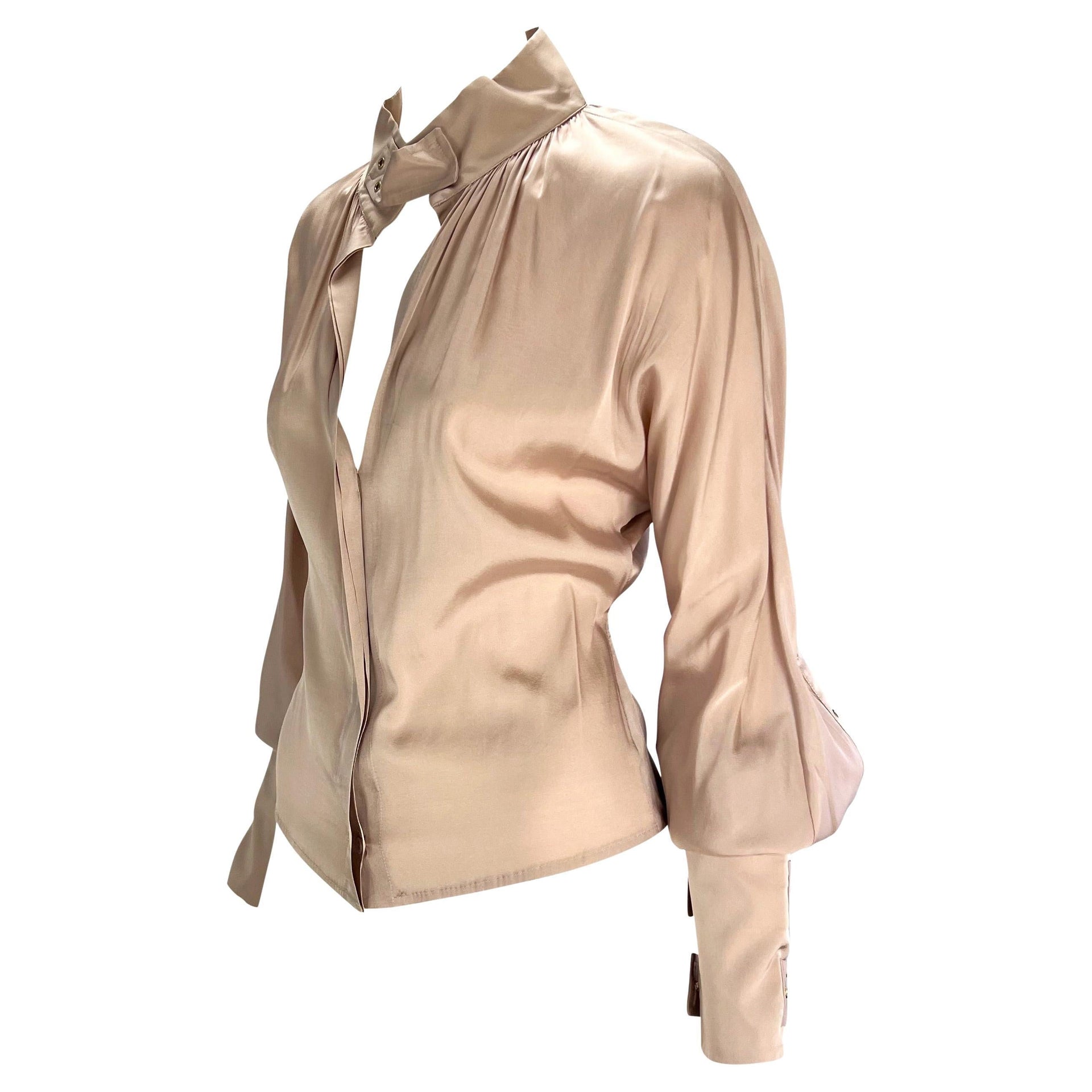 F/W 2003 Gucci by Tom Ford Beige Silk Strap Long Sleeve Shirt