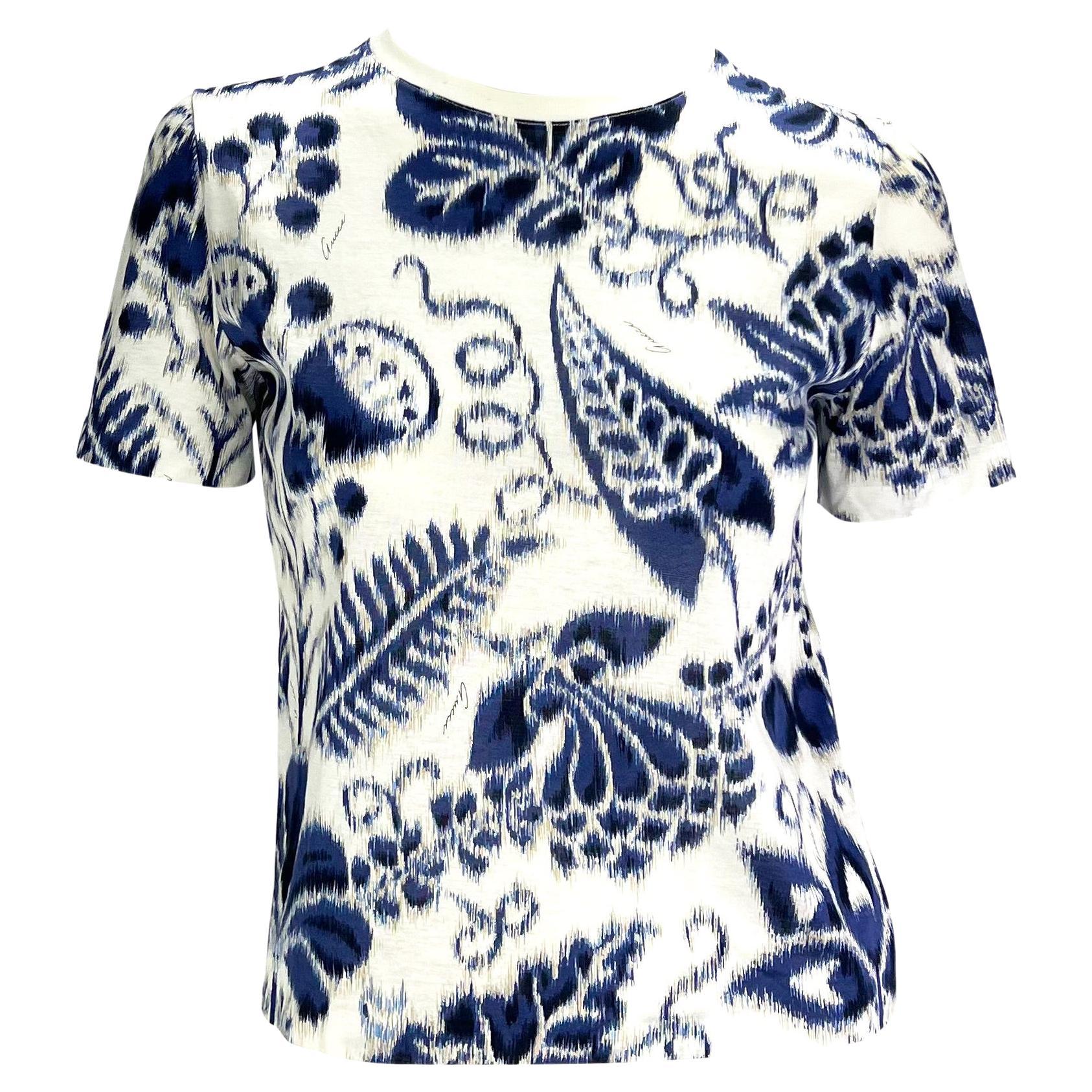 NWT S/S 2000 Gucci by Tom Ford White Navy Havana Logo Print Cotton T-Shirt