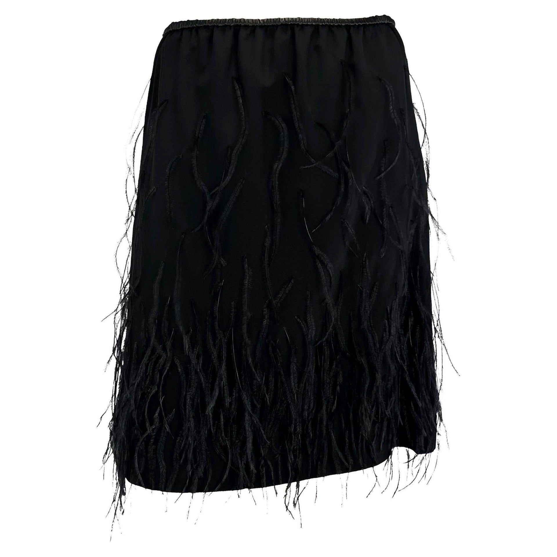 S/S 1999 Gucci by Tom Ford Black Silk Ostrich Feather Leather Band Skirt