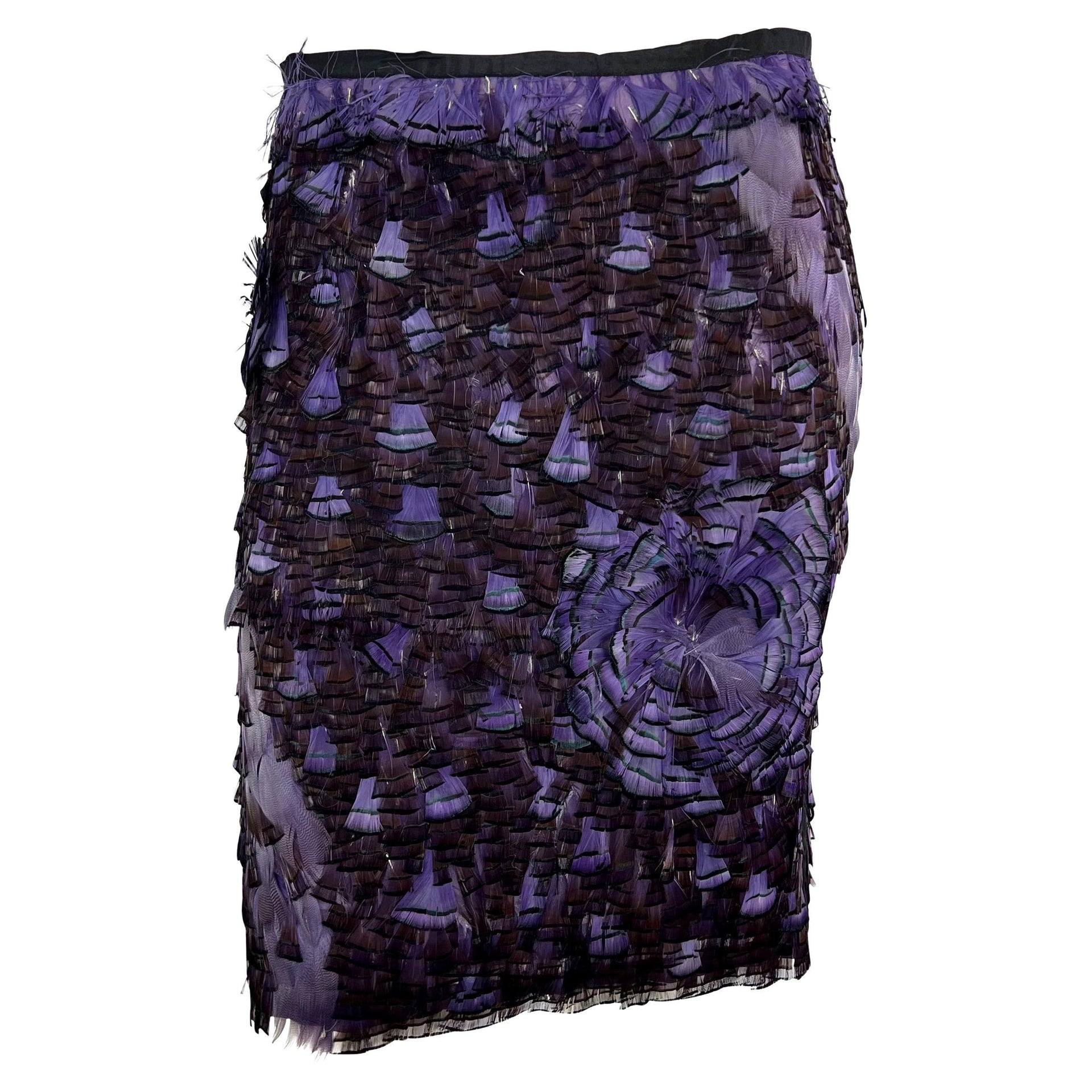 S/S 2003 Gucci by Tom Ford Purple Feather Embellished Silk Skirt