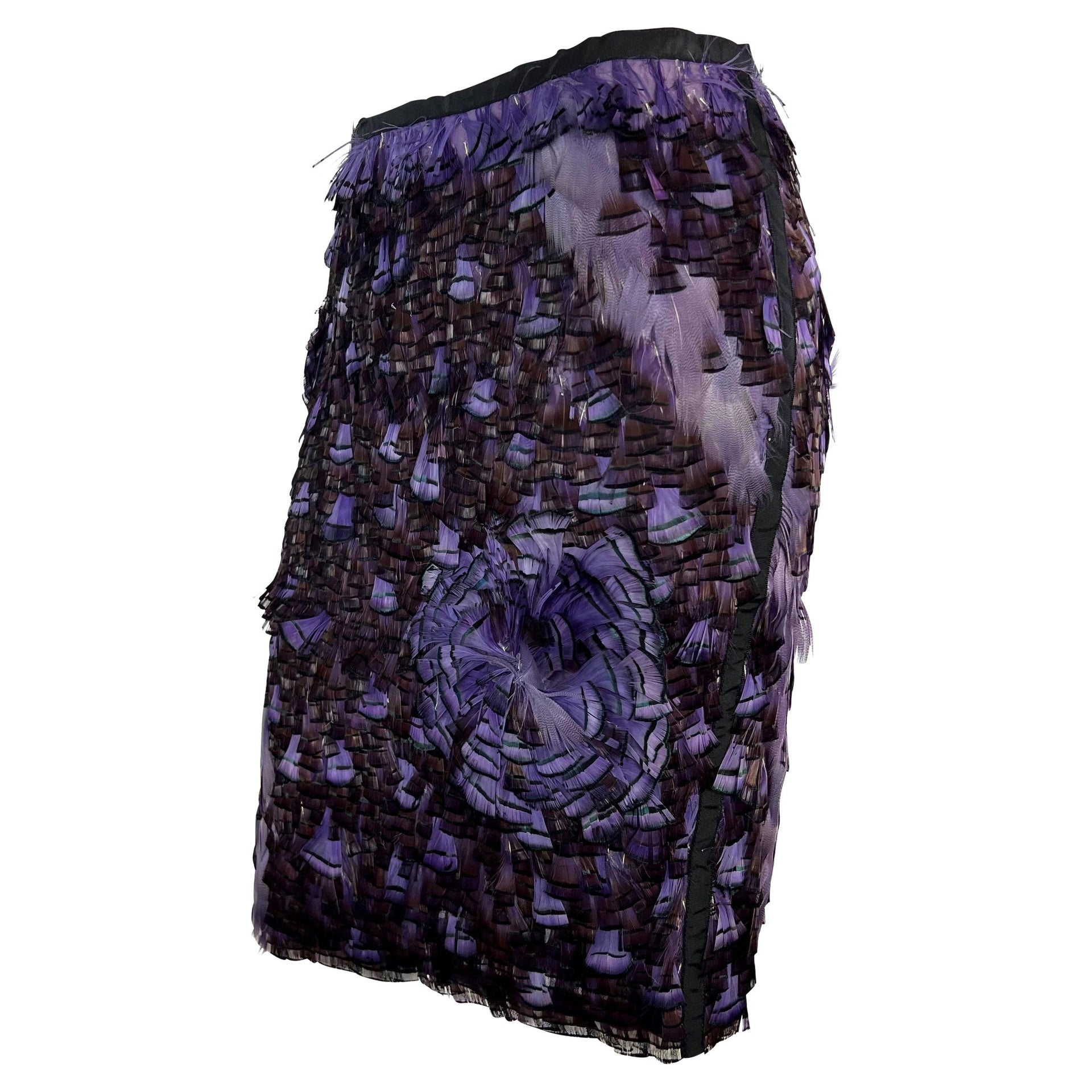 S/S 2003 Gucci by Tom Ford Purple Feather Embellished Silk Skirt