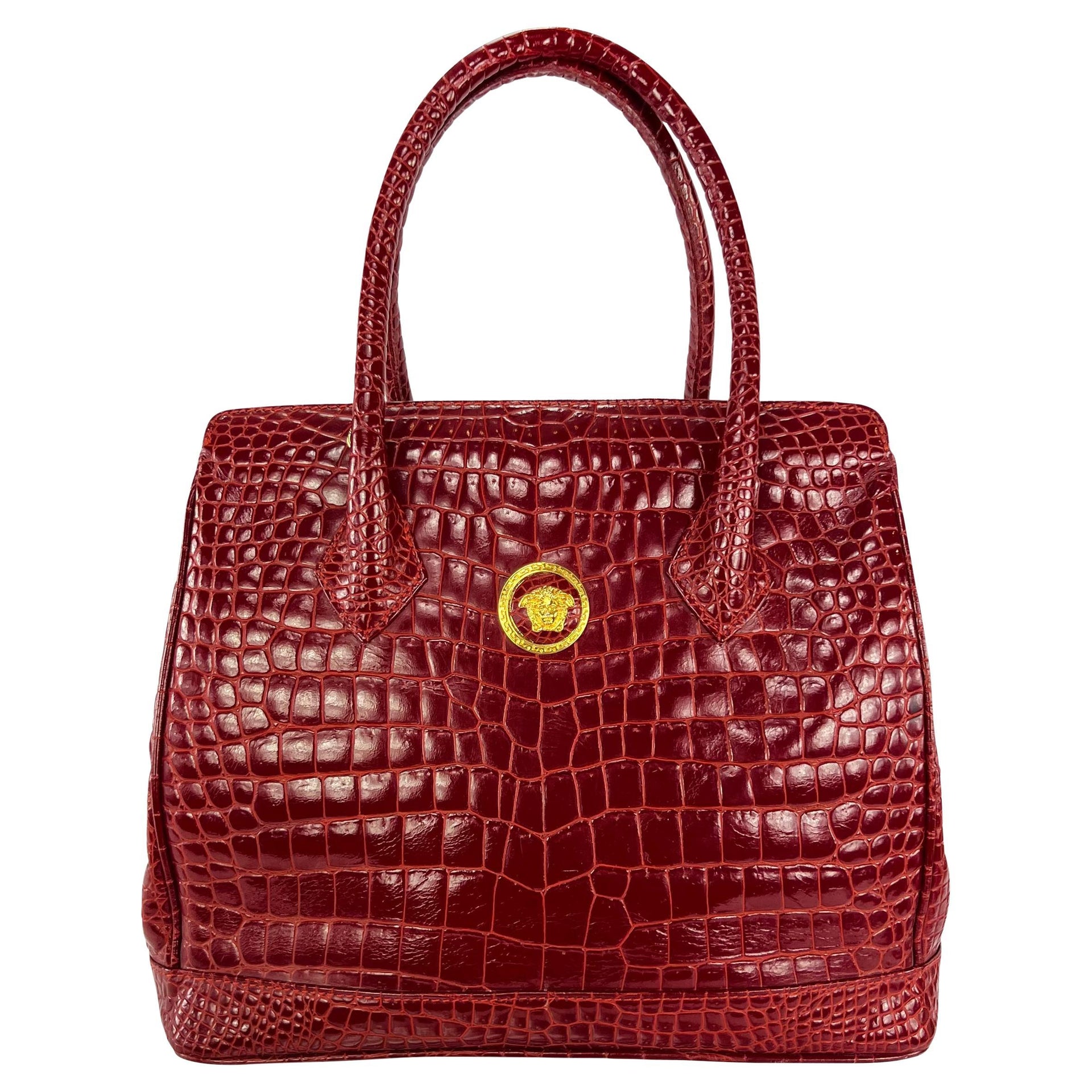 1990s Gianni Versace Couture Red Embossed Leather Medusa Large Tote Bag
