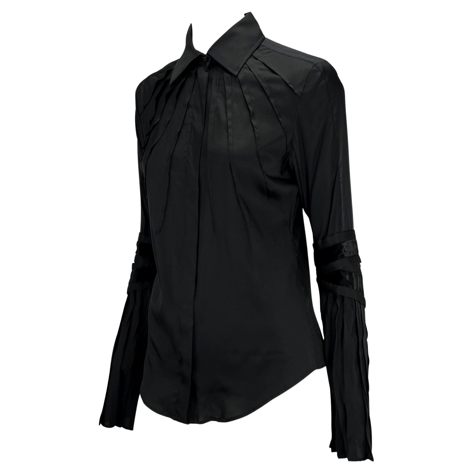 F/W 2004 Gucci by Tom Ford Finale Black Velvet Ribbon Pleated Button Up Top