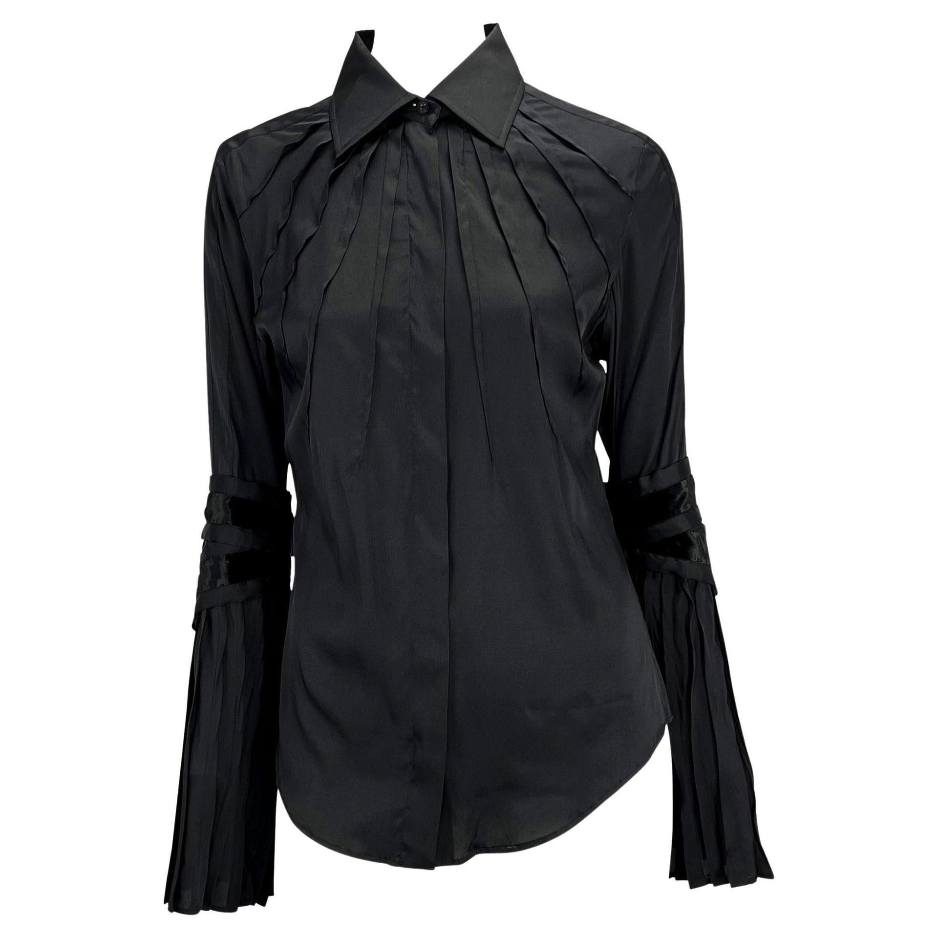 F/W 2004 Gucci by Tom Ford Finale Black Velvet Ribbon Pleated Button Up Top