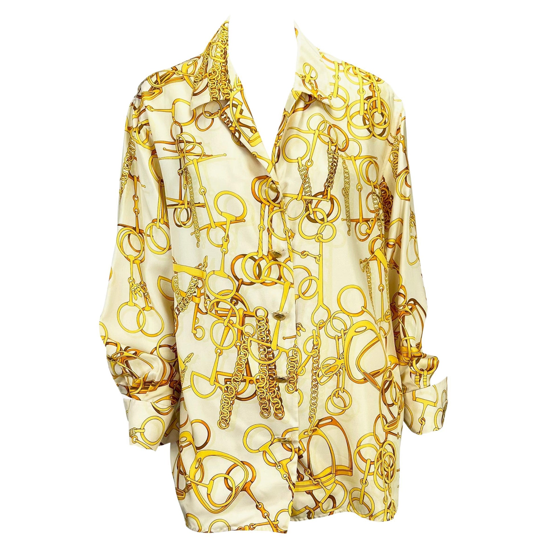 S/S 1993 Gucci White and Gold Horsebit Print French Cuff Button Up Top