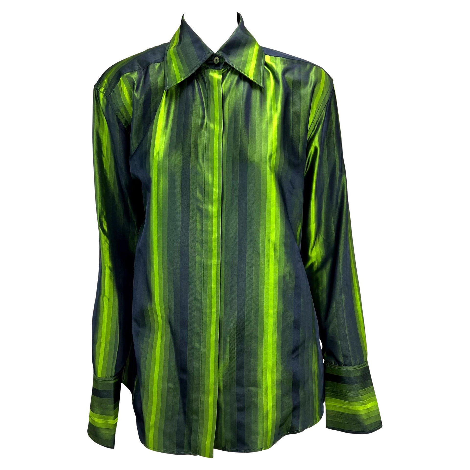 F/W 1997 Gucci by Tom Ford Runway Green Ombré Stripe Shoulder Pad Button Up Top