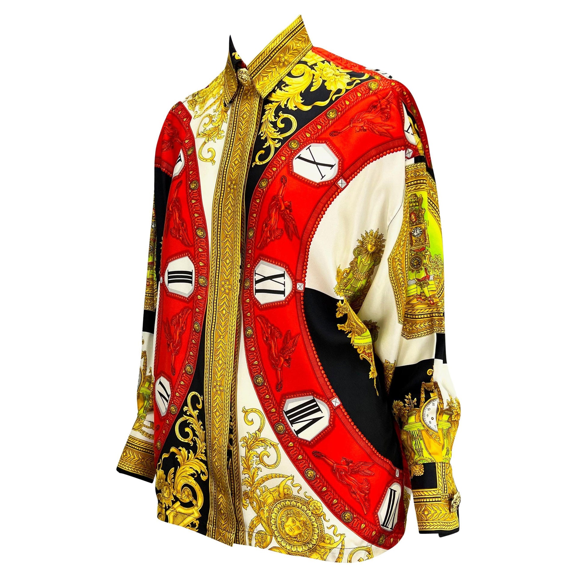 S/S 1993 Gianni Versace Couture Medusa Silk Baroque Horology Print Button Up Top