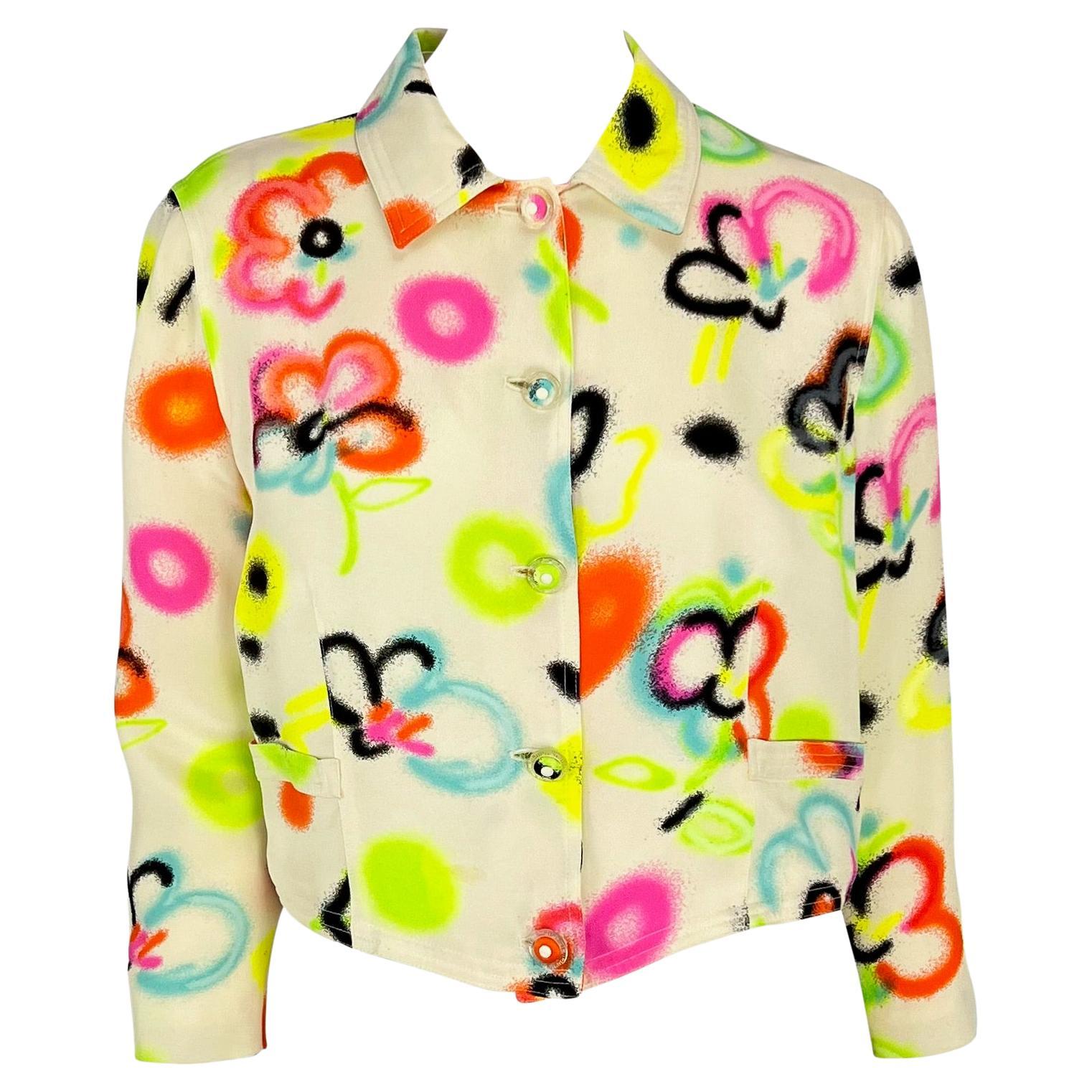 S/S 1996 Gianni Versace White Graffiti Floral Medusa Button Jacket