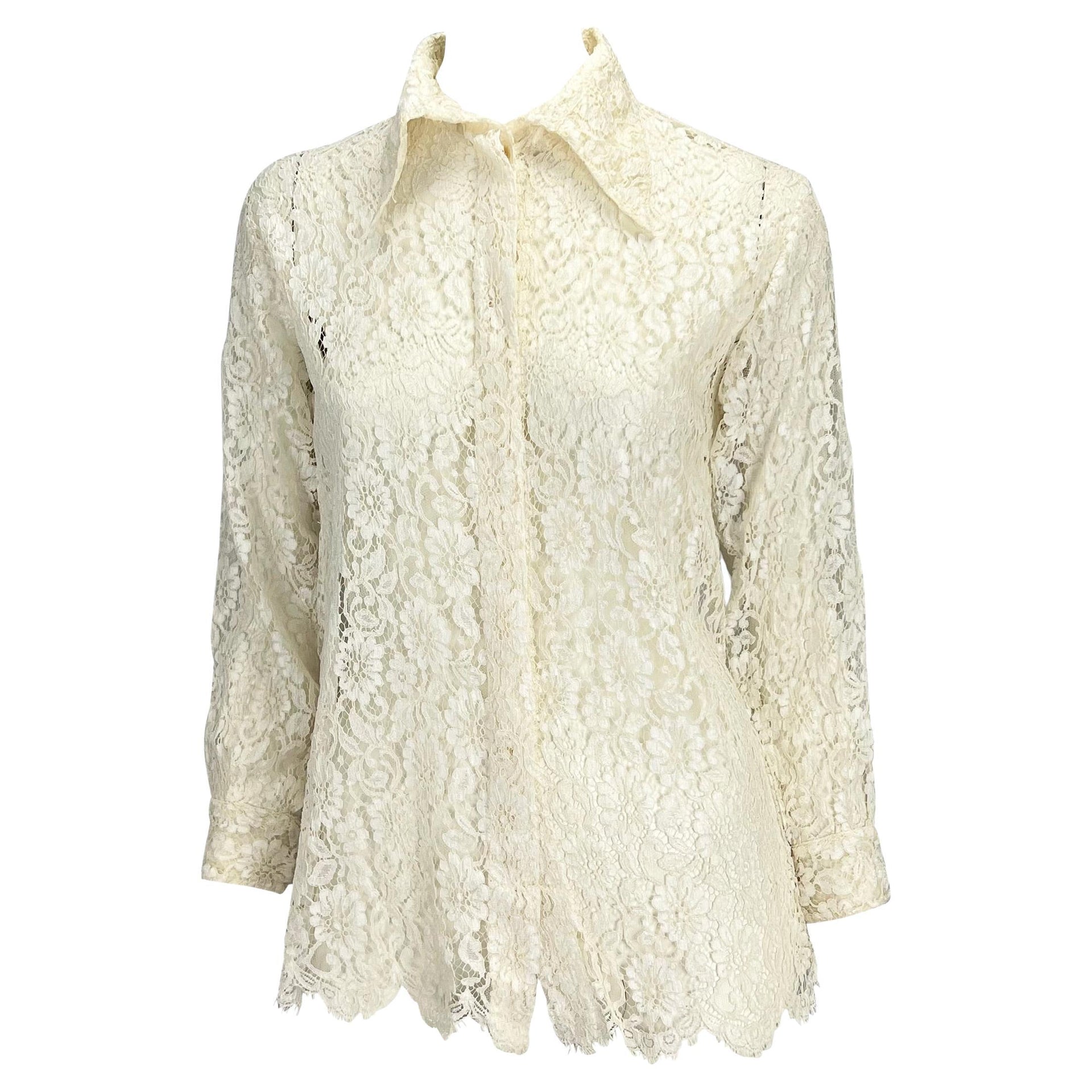 S/S 1994 Gianni Versace Couture Sheer White Lace Medusa Button Up Top