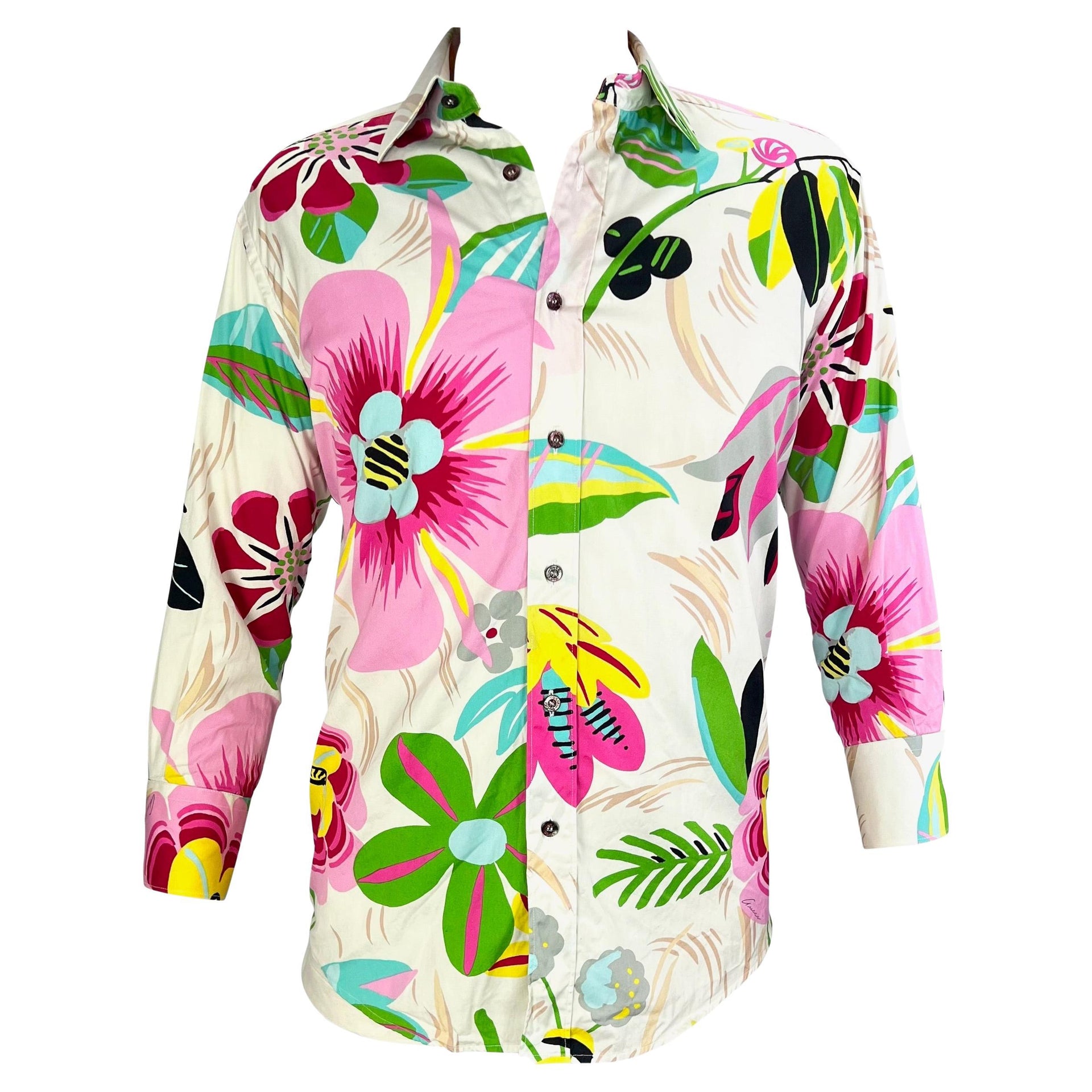 S/S 1999 Gucci by Tom Ford White Psychedelic Floral Button Up Men's Shirt