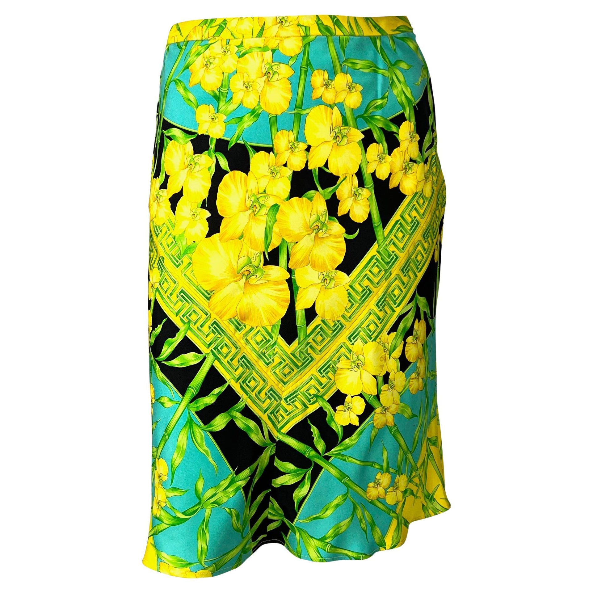 S/S 2000 Gianni Versace by Donatella Orchid Greek Key Jungle Print Silk Skirt