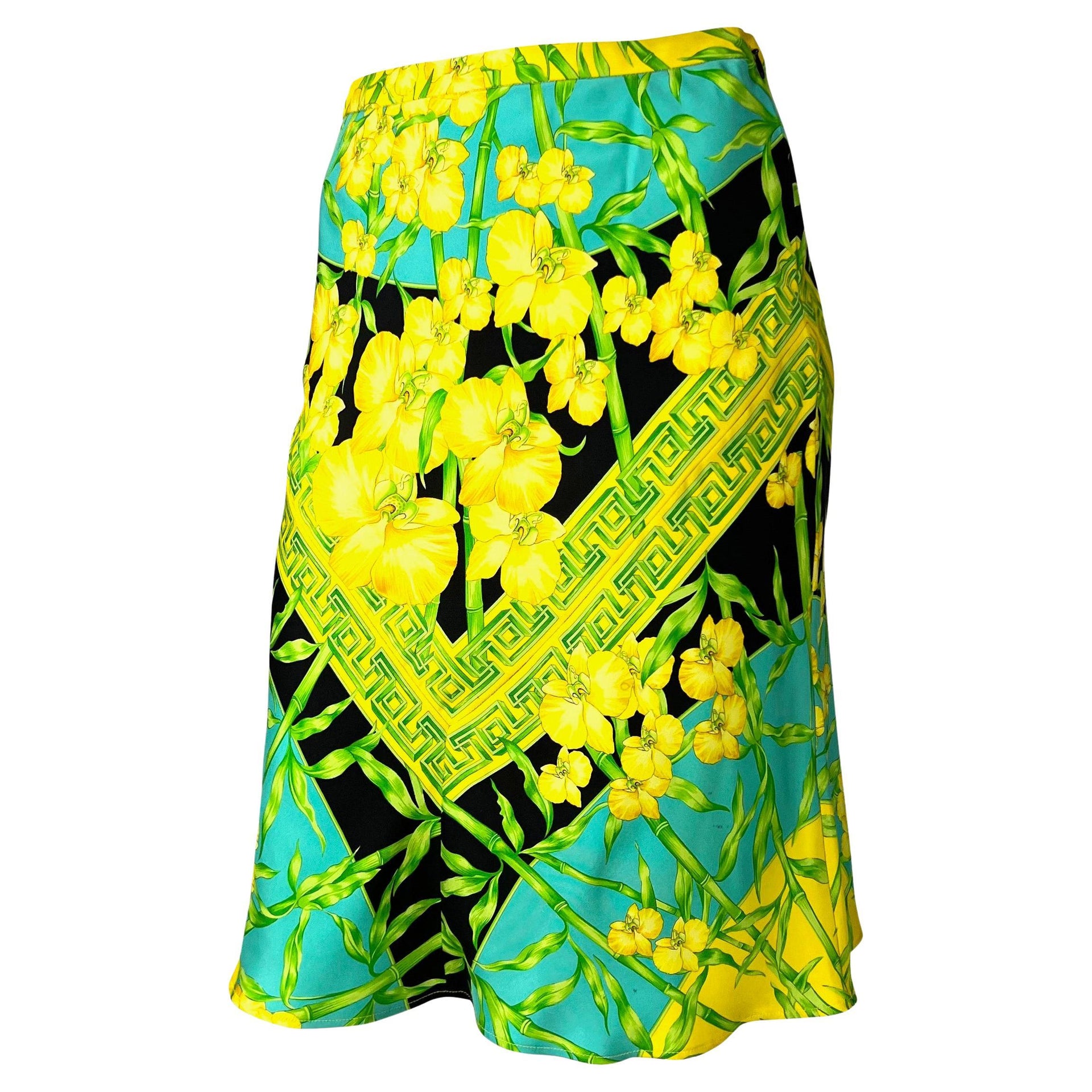 S/S 2000 Gianni Versace by Donatella Orchid Greek Key Jungle Print Silk Skirt