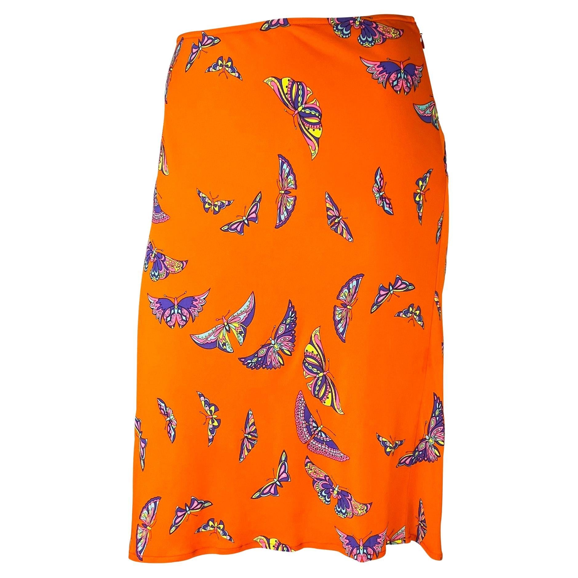 Late 1990s Gianni Versace by Donatella Neon Orange Butterfly Print Viscose Skirt