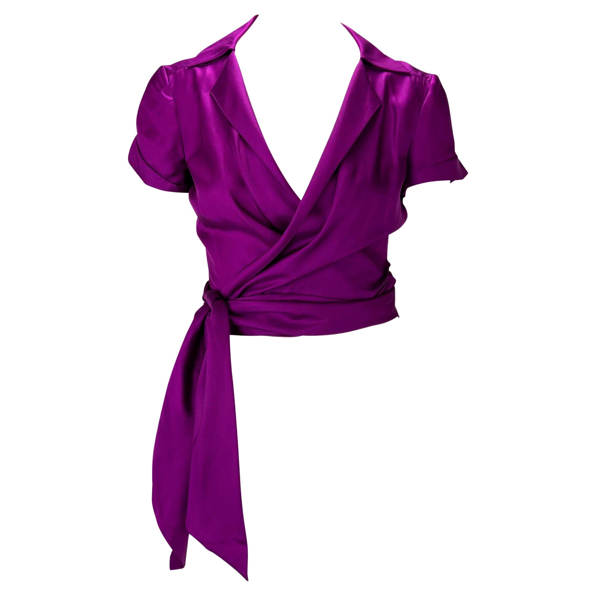 S/S 2000 Gianni Versace by Donatella Runway Purple Silk Plunge Wrap Shirt