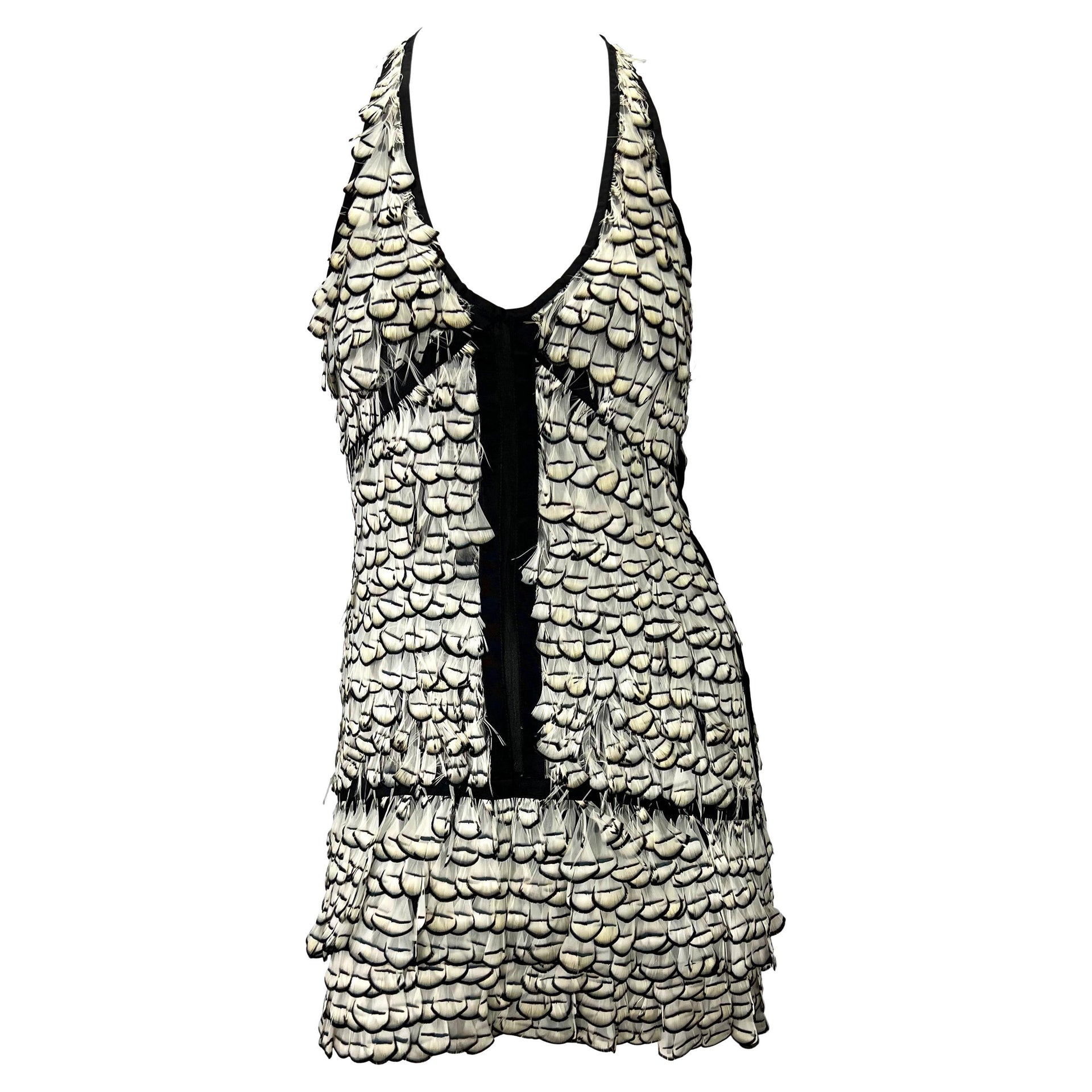 S/S 2003 Gucci by Tom Ford Runway Sheer Silk White Feather Racerback Mini Dress