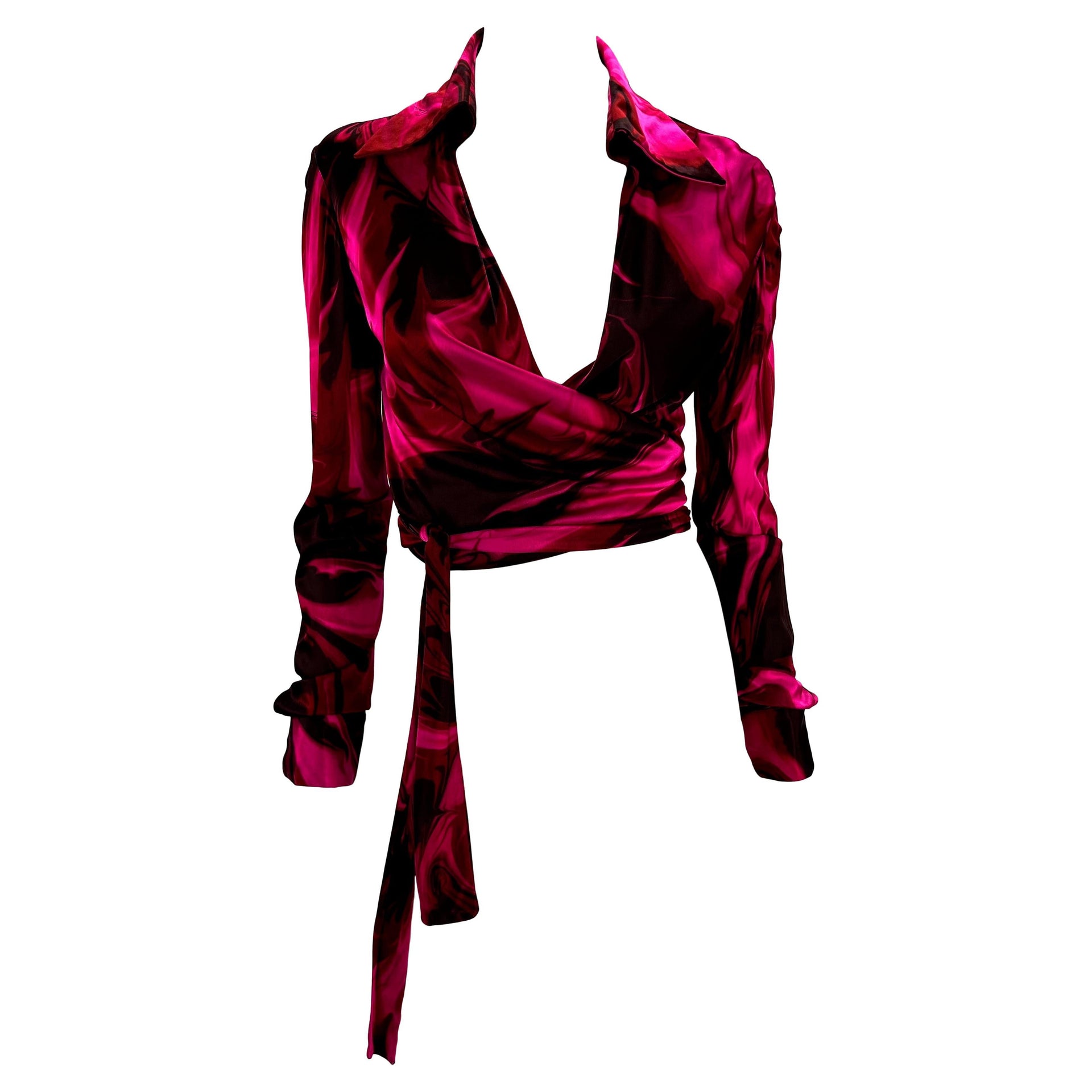 NWT S/S 2001 Gucci by Tom Ford Pink Magma Print Viscose Wrap Blouse