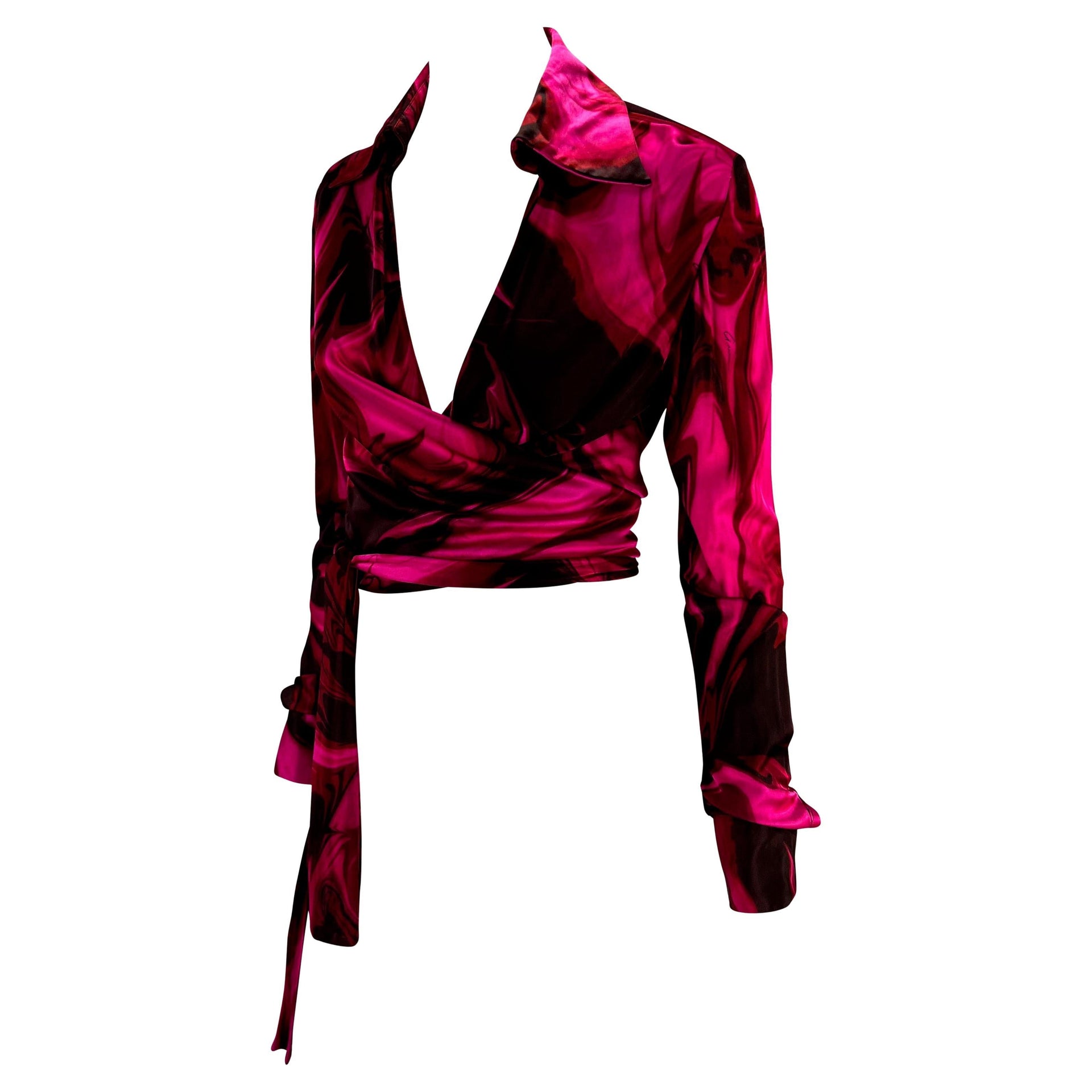 NWT S/S 2001 Gucci by Tom Ford Pink Magma Print Viscose Wrap Blouse