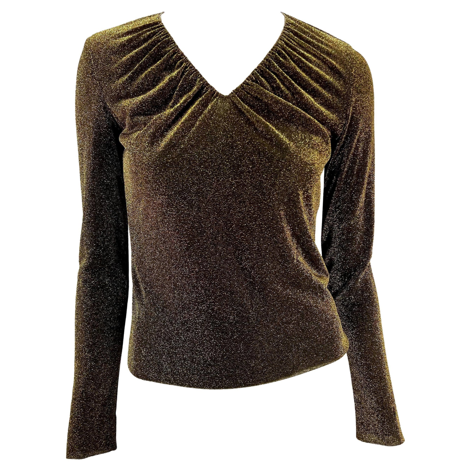 F/W 2000 Gucci by Tom Ford Sheer Gold Lurex V-Neck Long-Sleeve Metallic Blouse Y2K