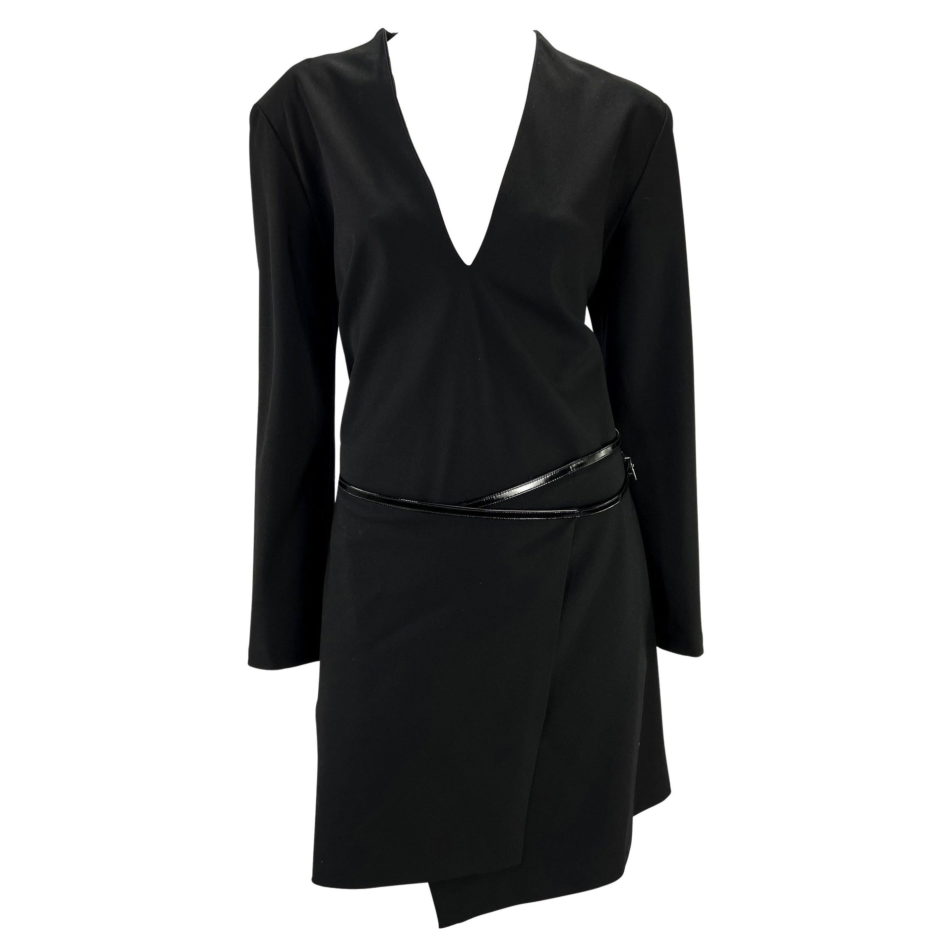 F/W 1997 Gucci by Tom Ford Runway G Buckle V-Neck Wrap Leather Belt Dress