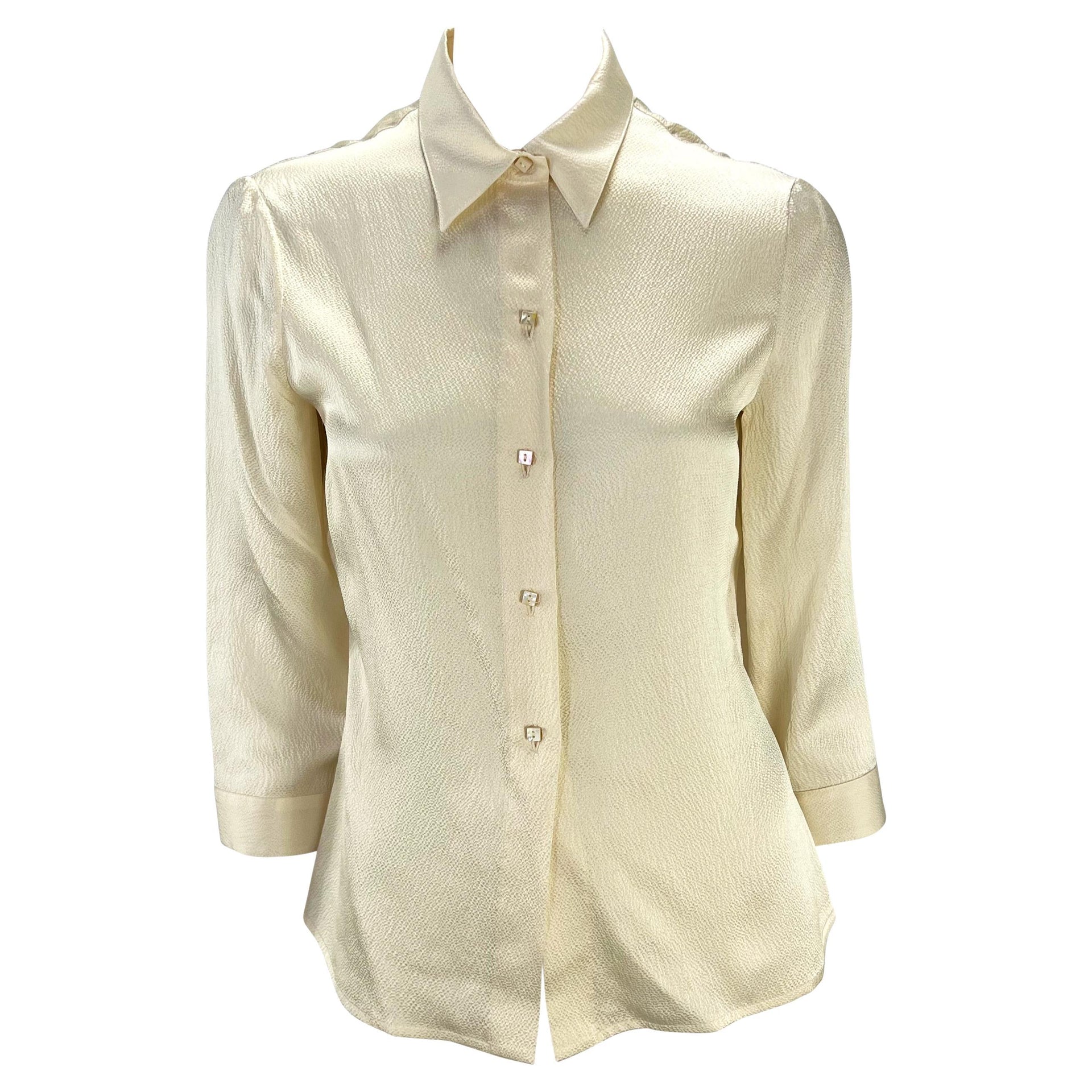 F/W 1999 Gianni Versace by Donatella Creme White Satin Crepe Button Up Blouse