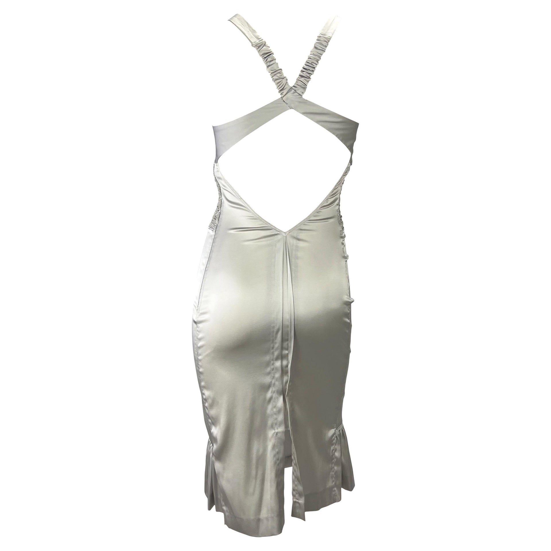 F/W 2004 Gucci by Tom Ford Backless Rhinestone Ruched Silver Silk Strap Dress