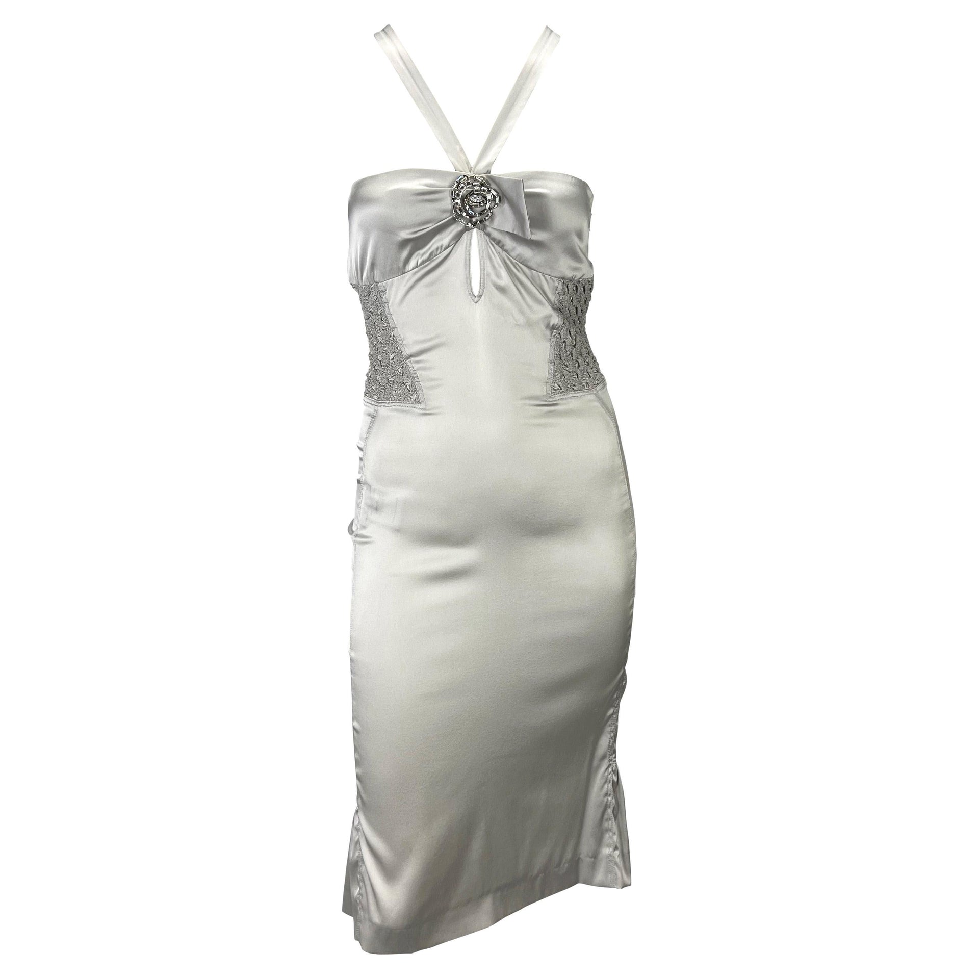 F/W 2004 Gucci by Tom Ford Backless Rhinestone Ruched Silver Silk Strap Dress