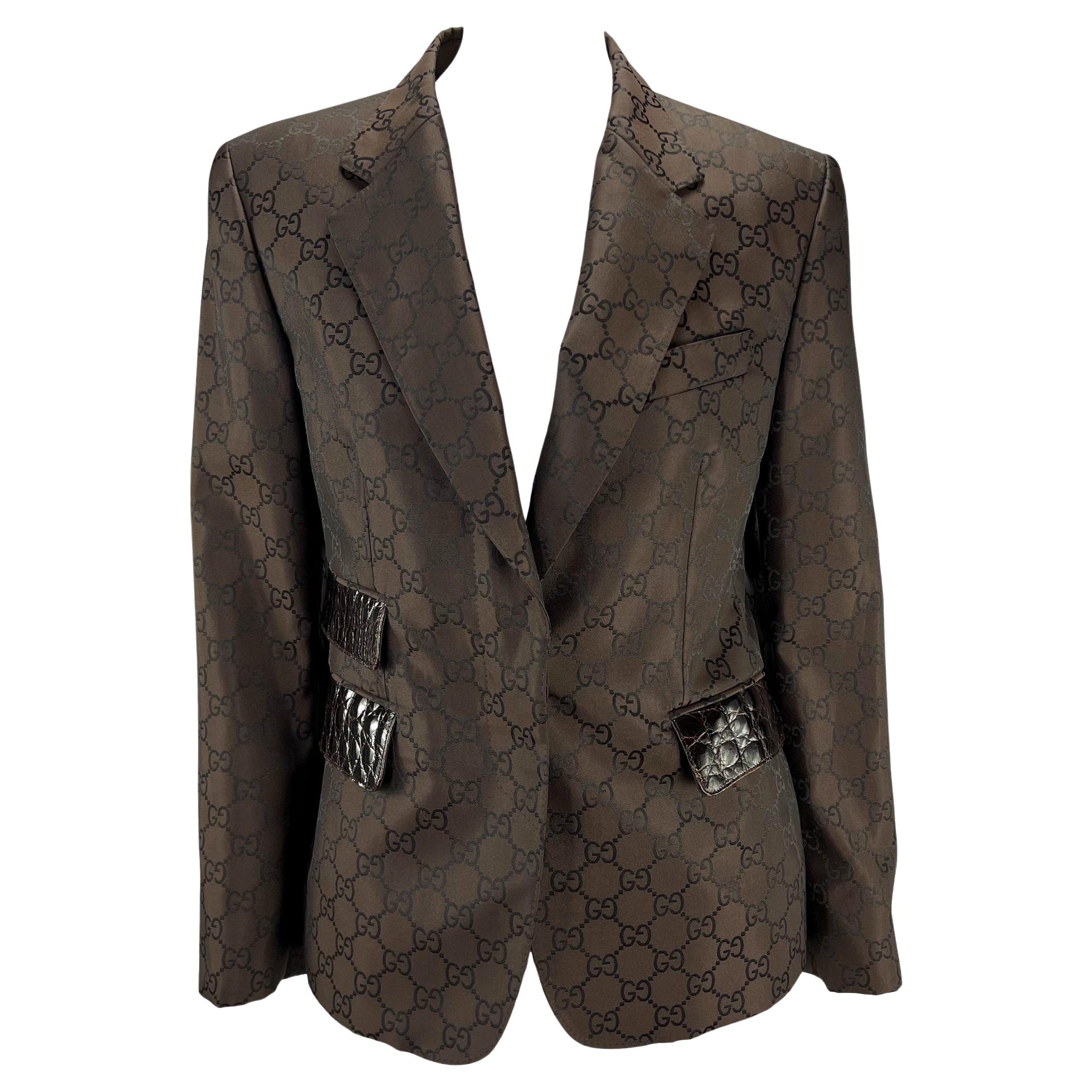 S/S 1998 Gucci by Tom Ford Brown GG Monogram Alligator Trim Blazer