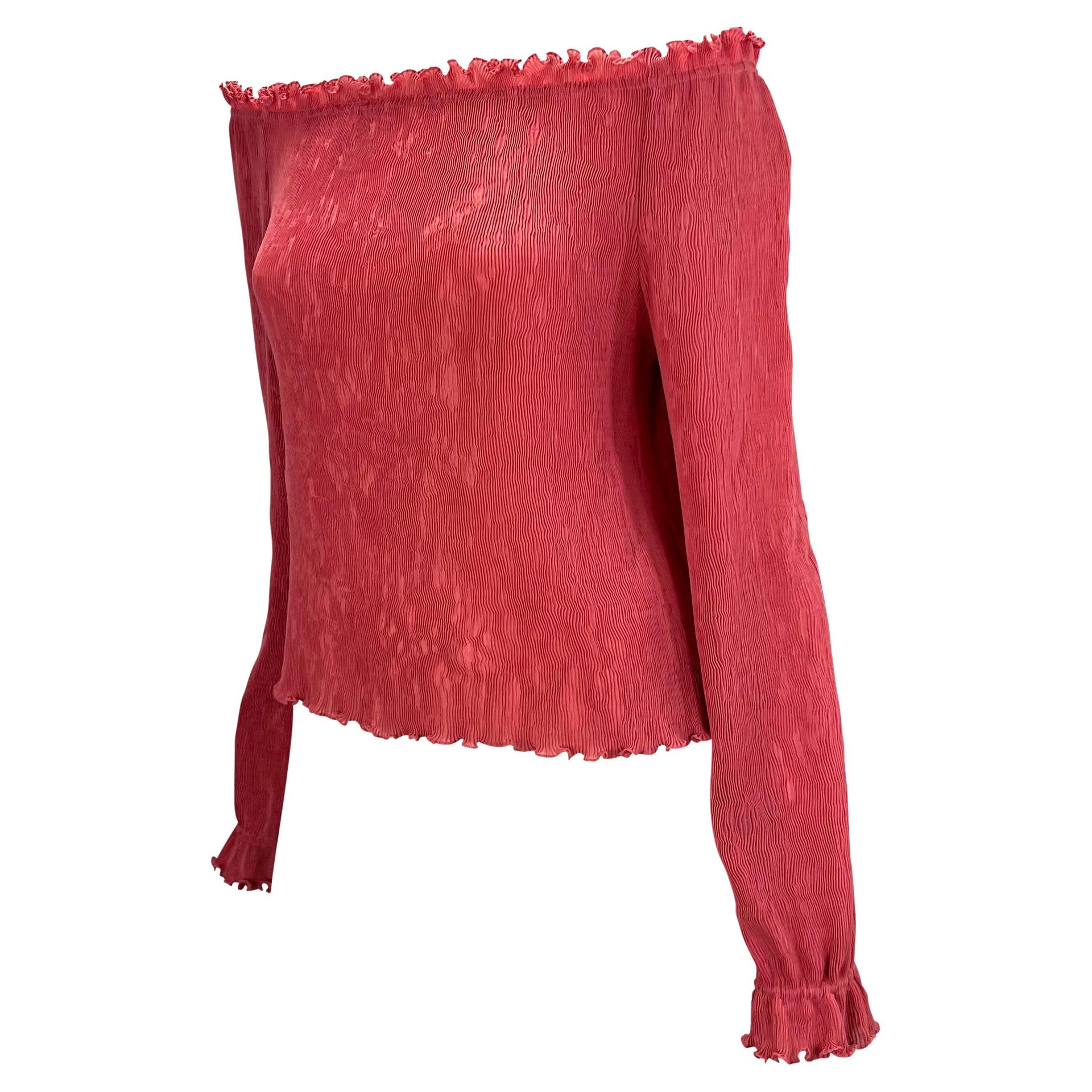 S/S 2000 Gucci by Tom Ford Pleated Pink Ruffle Stretch Boatneck Blouse