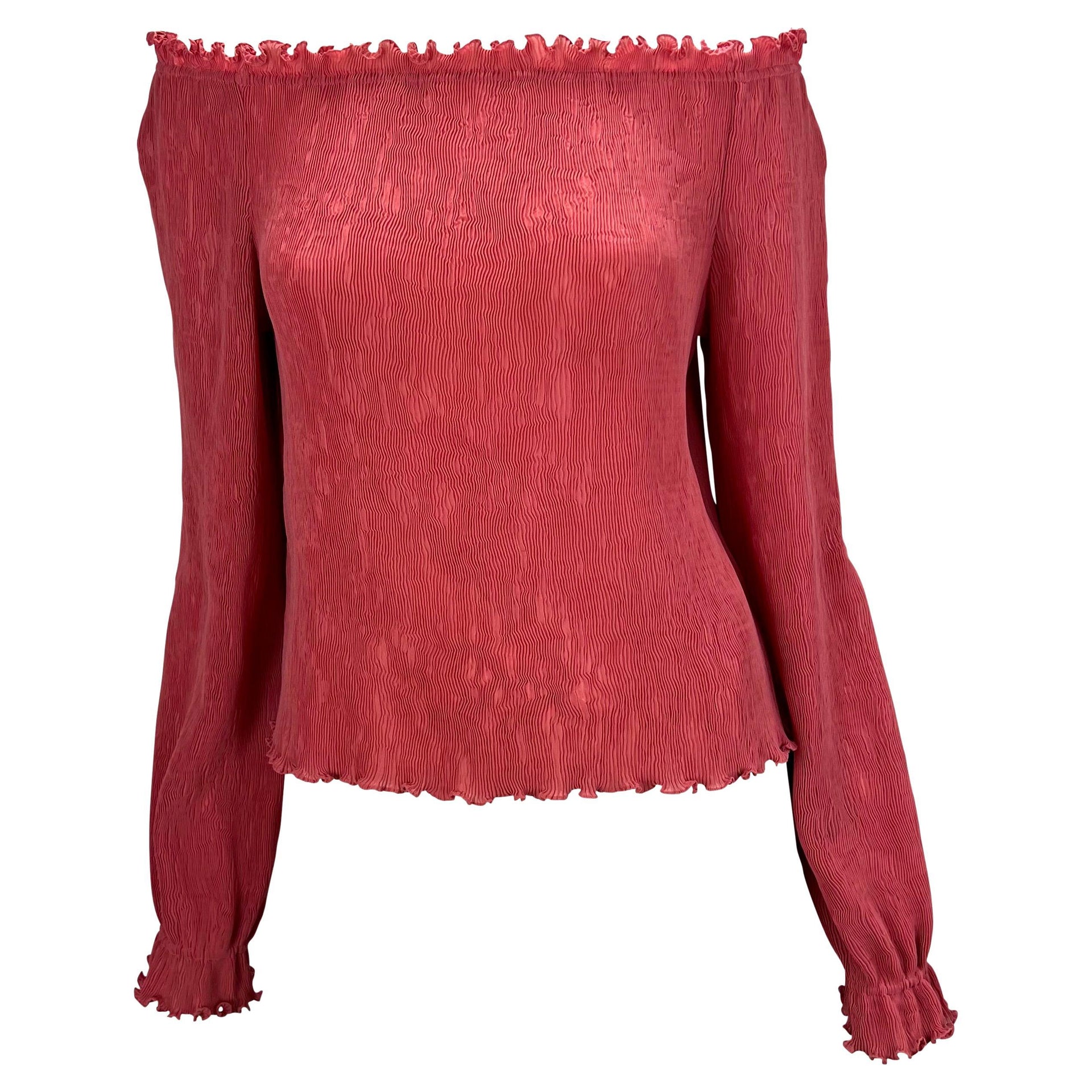 S/S 2000 Gucci by Tom Ford Pleated Pink Ruffle Stretch Boatneck Blouse