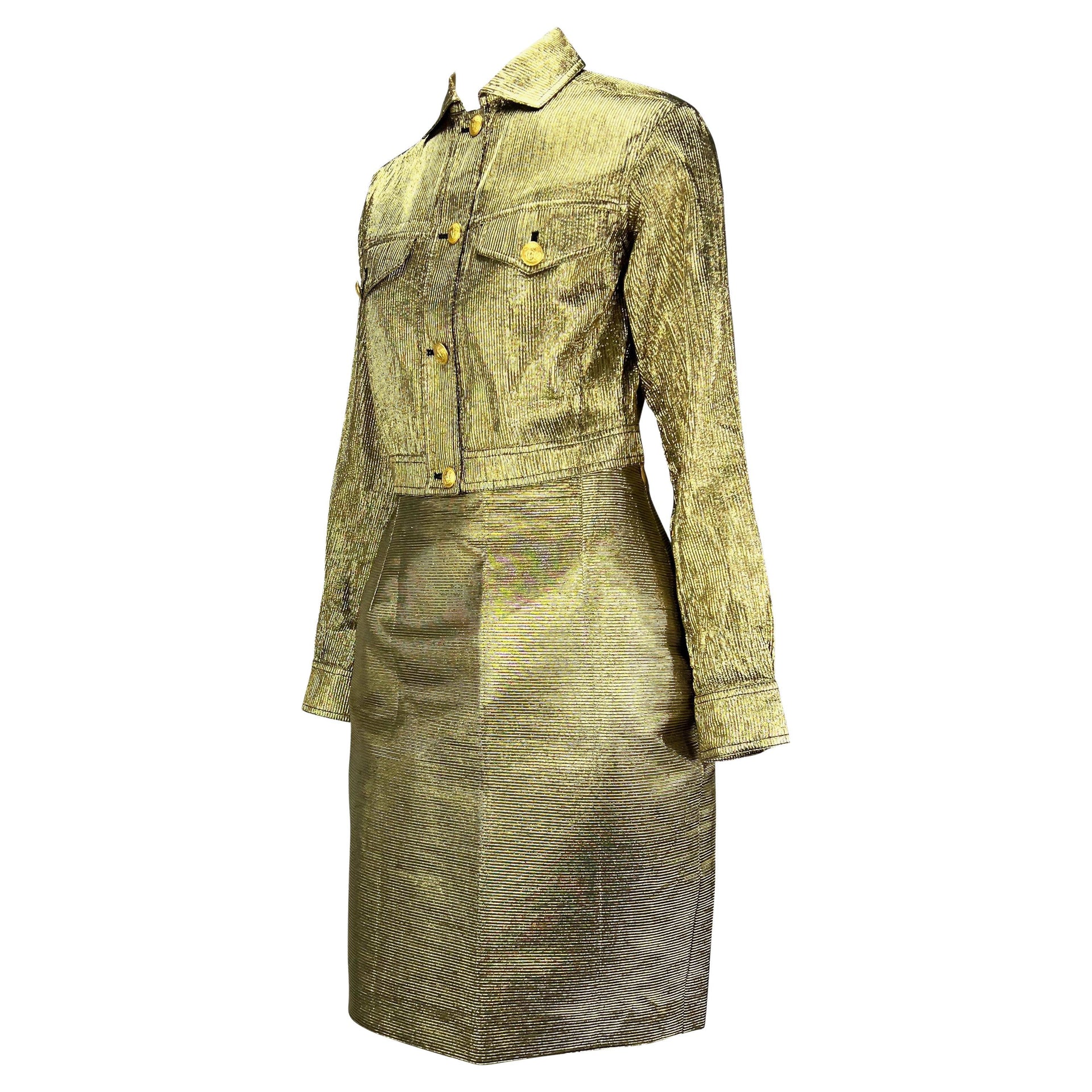 F/W 1994 Gianni Versace Gold Ribbed Lurex Medusa Cropped Jacket Skirt Set