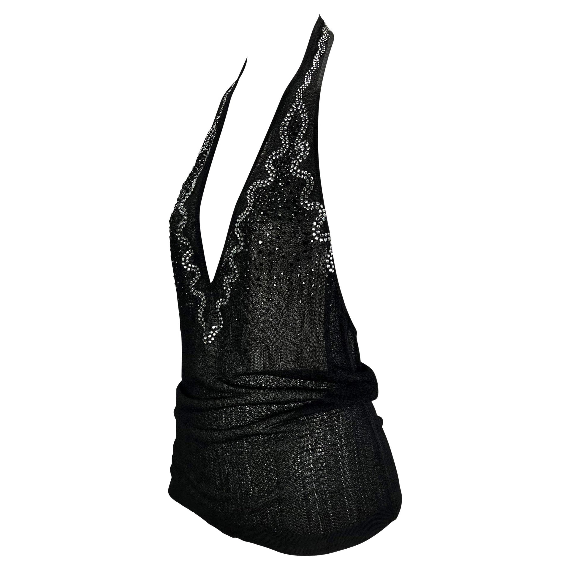 S/S 2005 Yves Saint Laurent Rhinestone Sheer Knit Viscose Halter Sleeveless Top