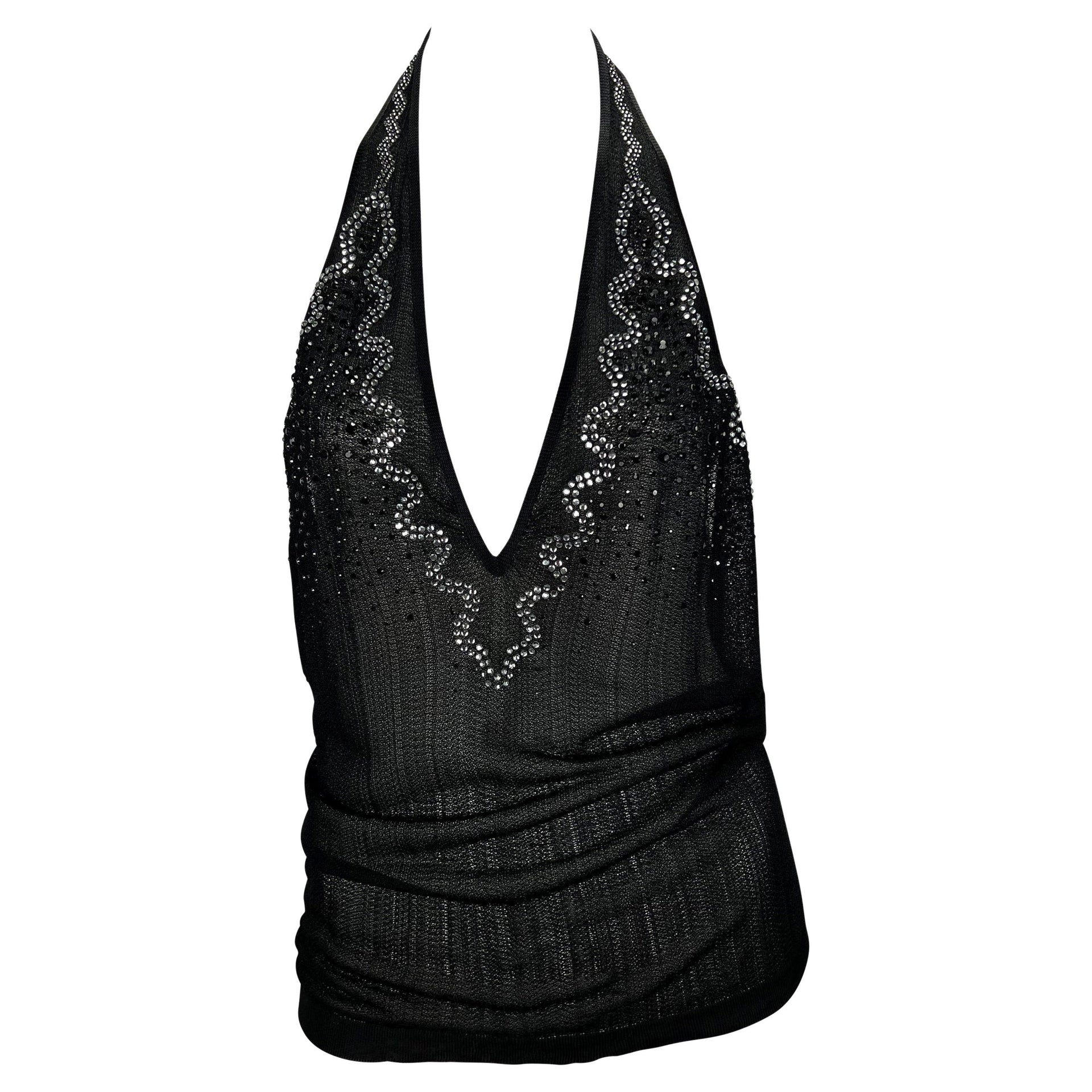 S/S 2005 Yves Saint Laurent Rhinestone Sheer Knit Viscose Halter Sleeveless Top