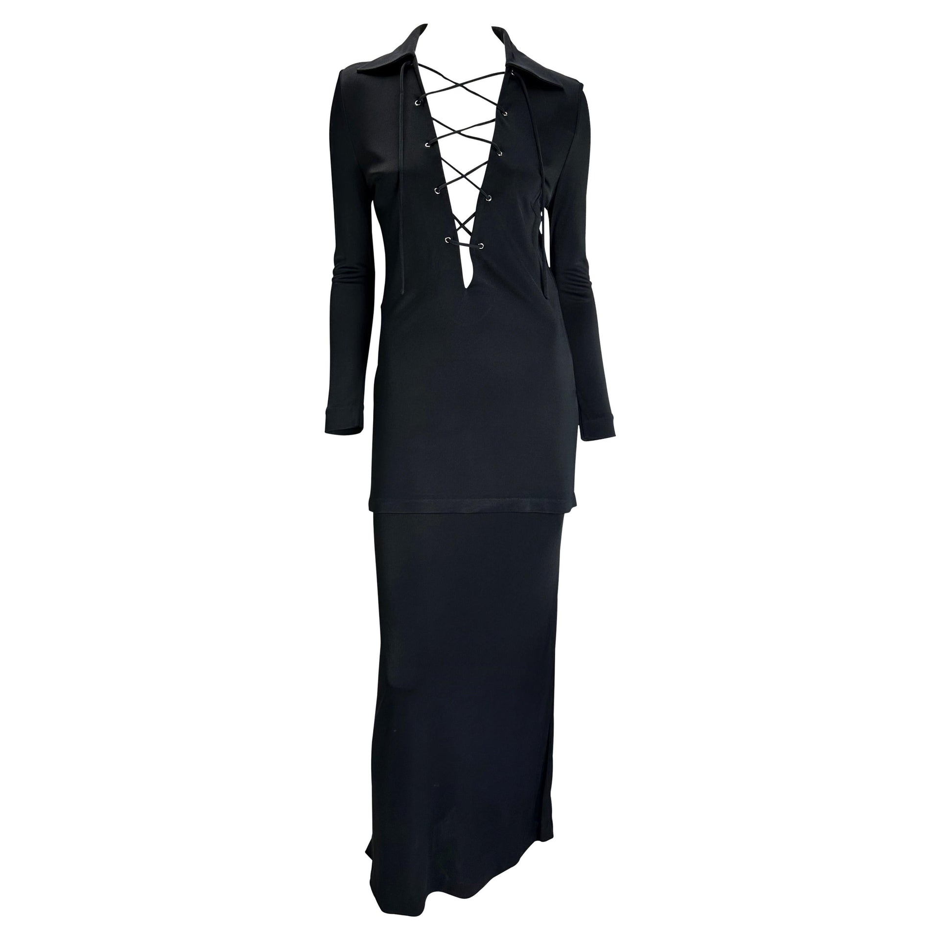 S/S 1996 Gucci by Tom Ford Madonna VH1 Lace-Up Tunic Navy Viscose Skirt Set