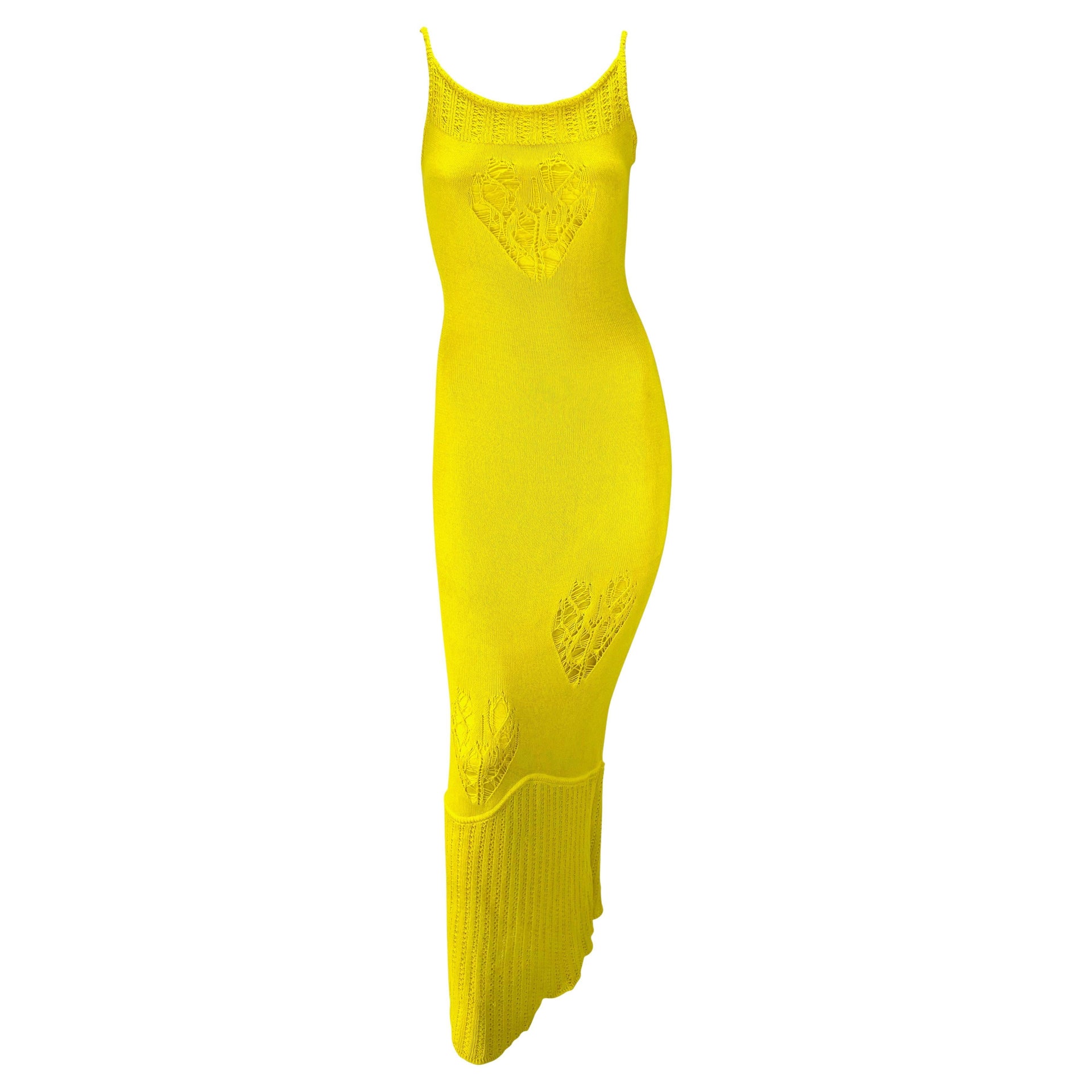 S/S 2000 John Galliano Canary Yellow Knit Distressed Heart Stretch Knit Dress