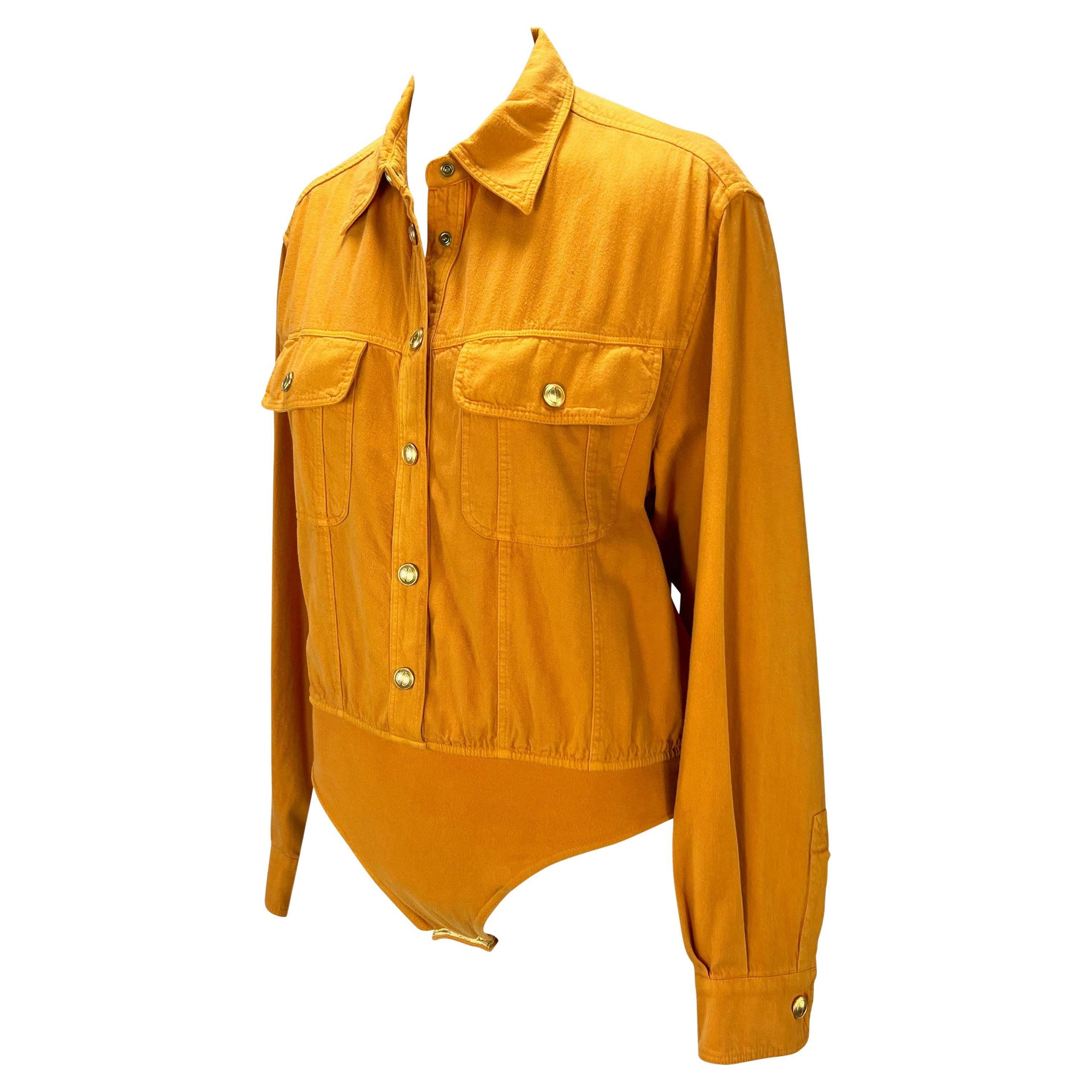 S/S 1993 Gucci Gold GG Snap Pocket Orange Cotton Twill Leotard Shirt
