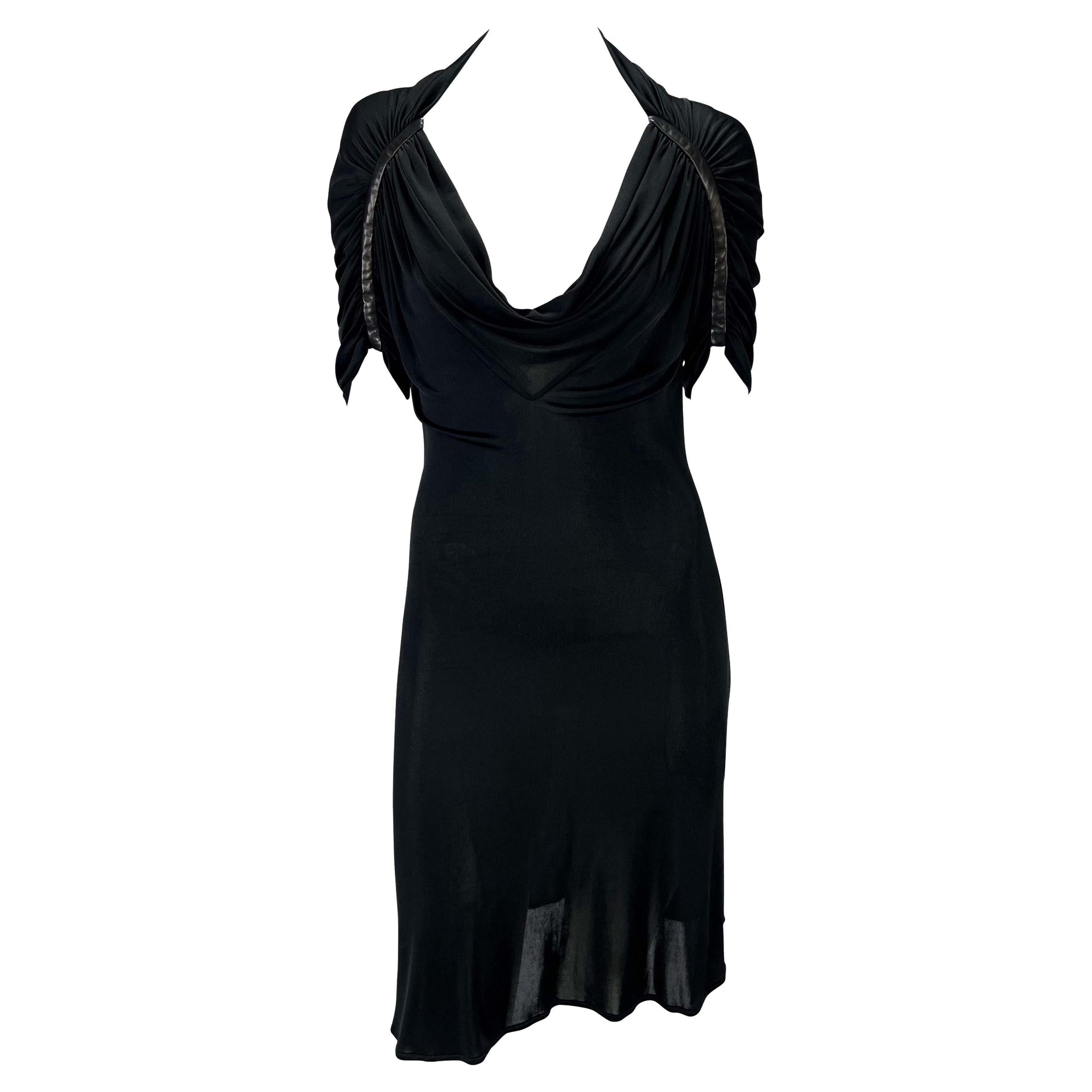 S/S 2001 Gianni Versace by Donatella Black Viscose Leather Trim Ruched Dress