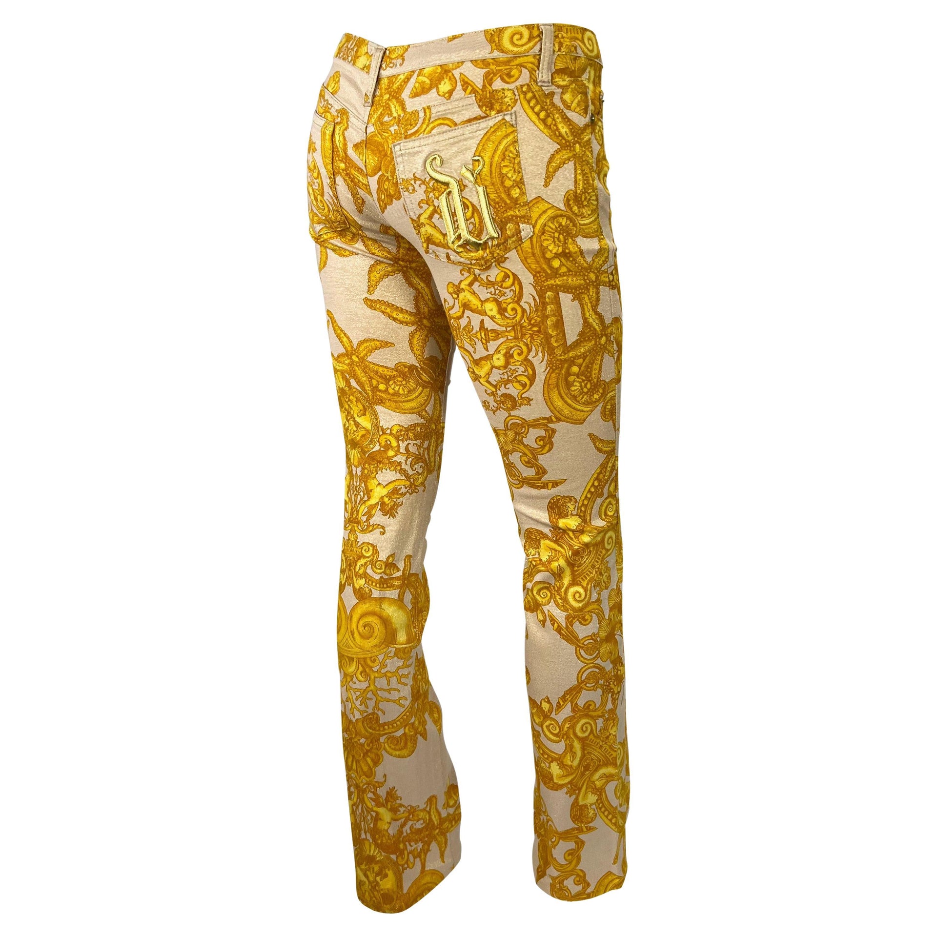 S/S 2005 Versace by Donatella Metallic Gold Tresor la Mer Print Medusa Logo Pants