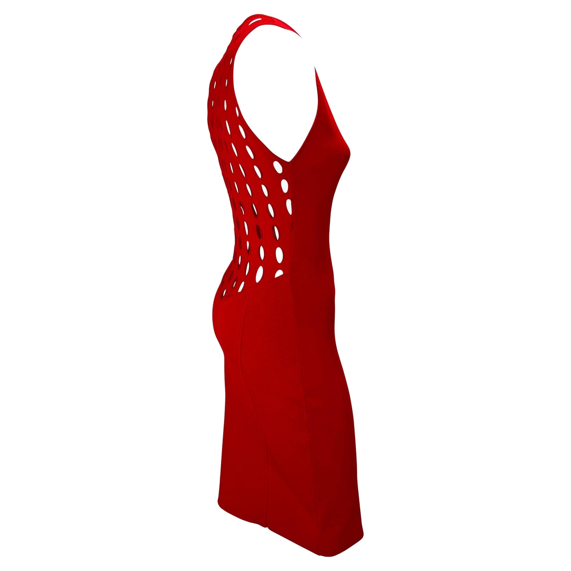 S/S 2002 Gianni Versace by Donatella Red Eyelet Cutout Stretch Racerback Dress