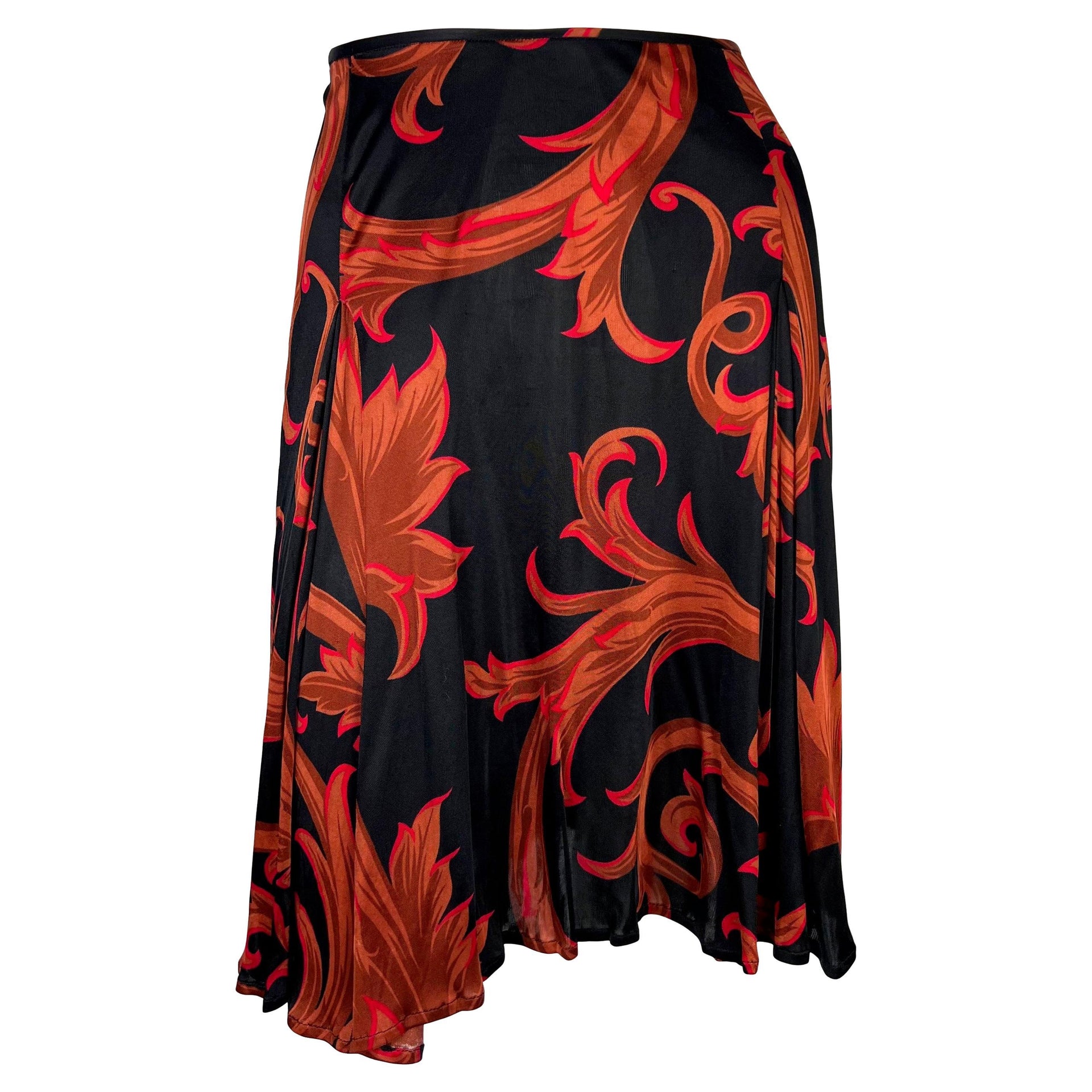 S/S 2001 Gianni Versace by Donatella Black Red Viscose Baroque Print Flare Skirt
