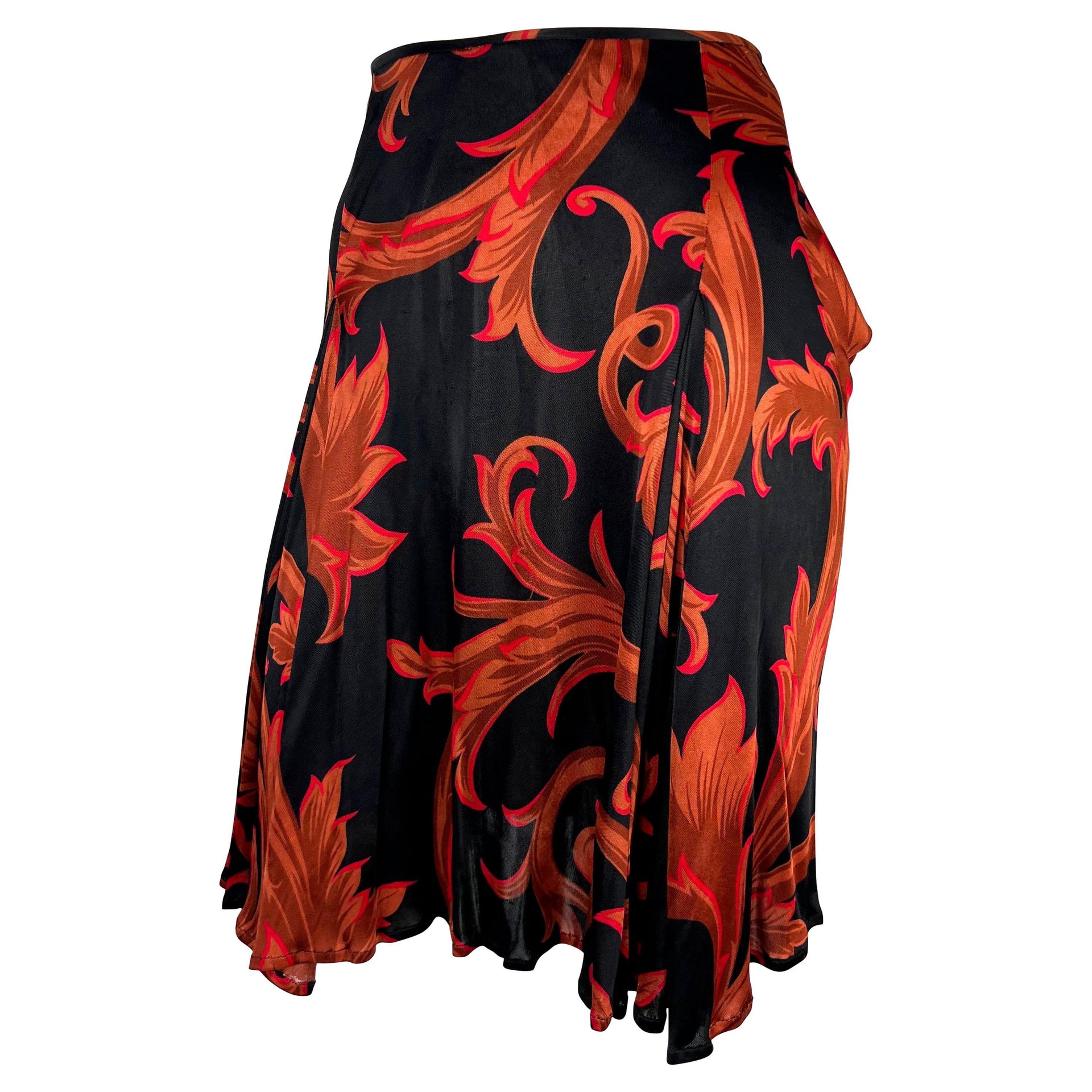 S/S 2001 Gianni Versace by Donatella Black Red Viscose Baroque Print Flare Skirt