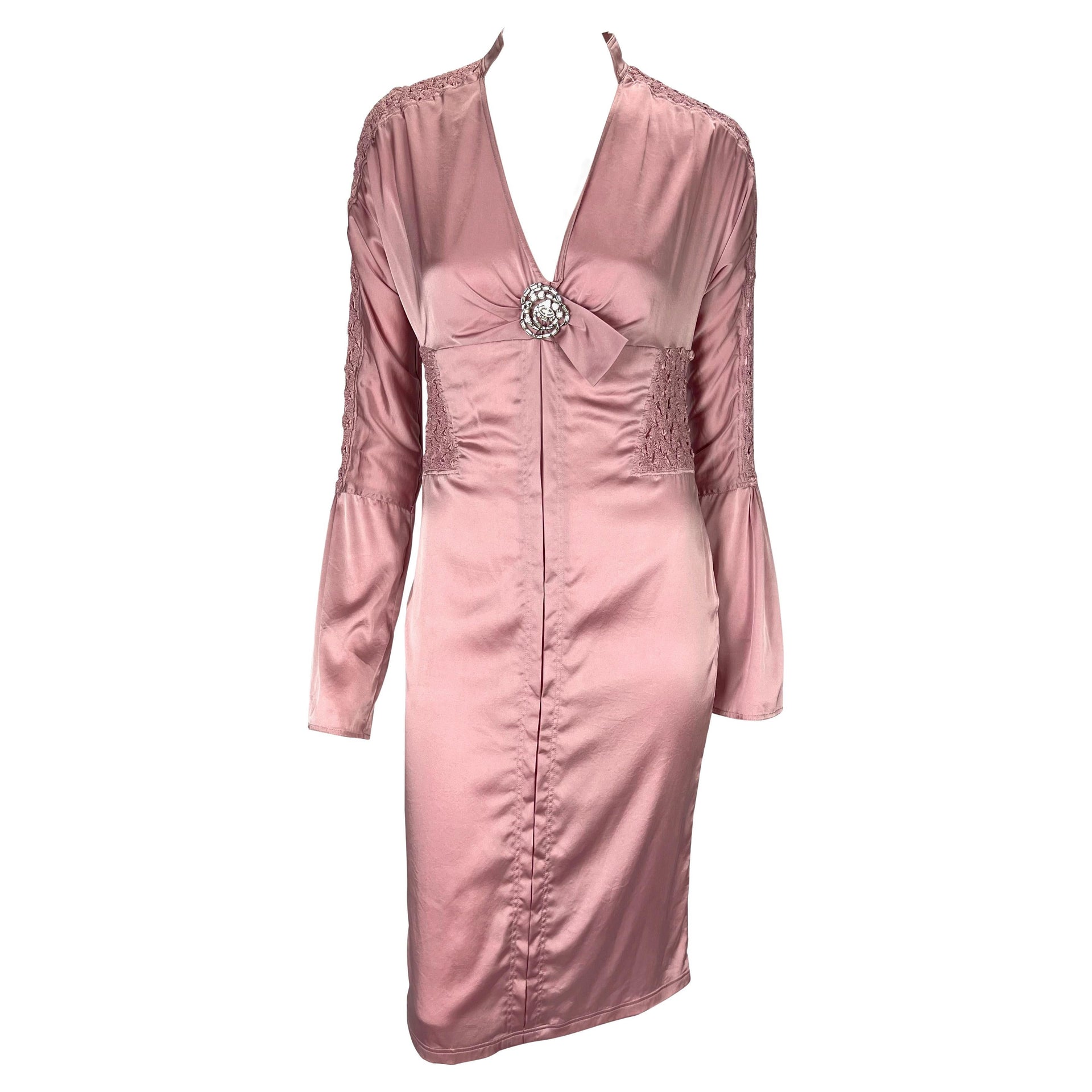 F/W 2004 Gucci by Tom Ford Ruched Pink Satin Rhinestone Brooch Dress