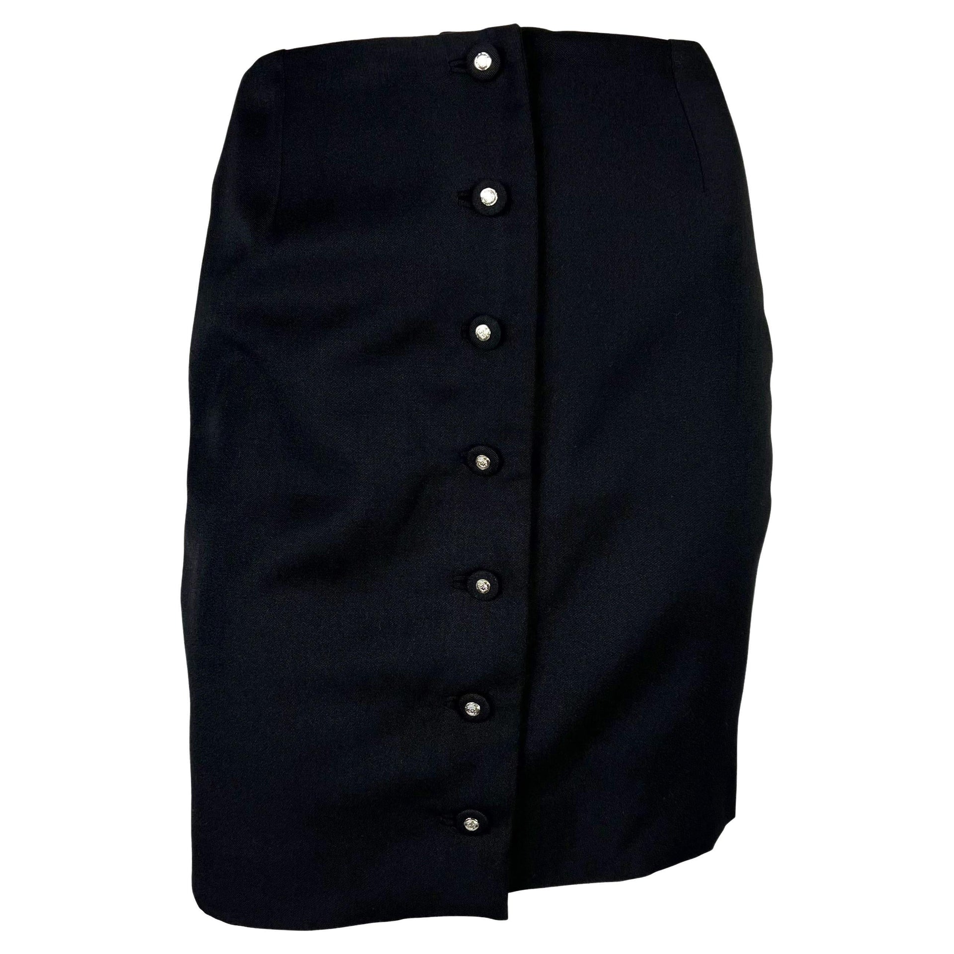 S/S 1996 Gianni Versace Couture Medusa Button Black Stretch Wool Mini Skirt