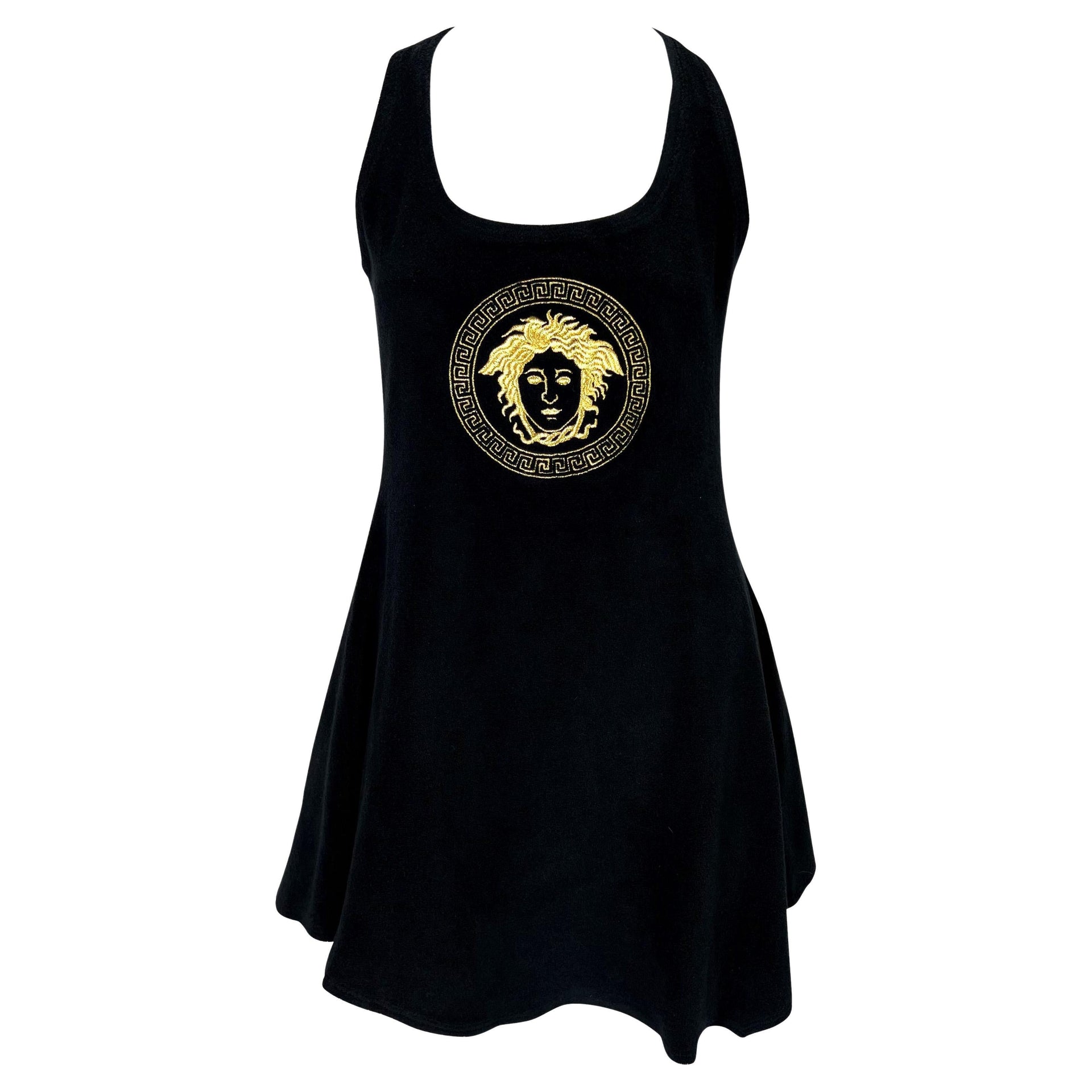 S/S 1995 Gianni Versace Medusa Embroidered Terry Cloth Black Flare Mini Dress