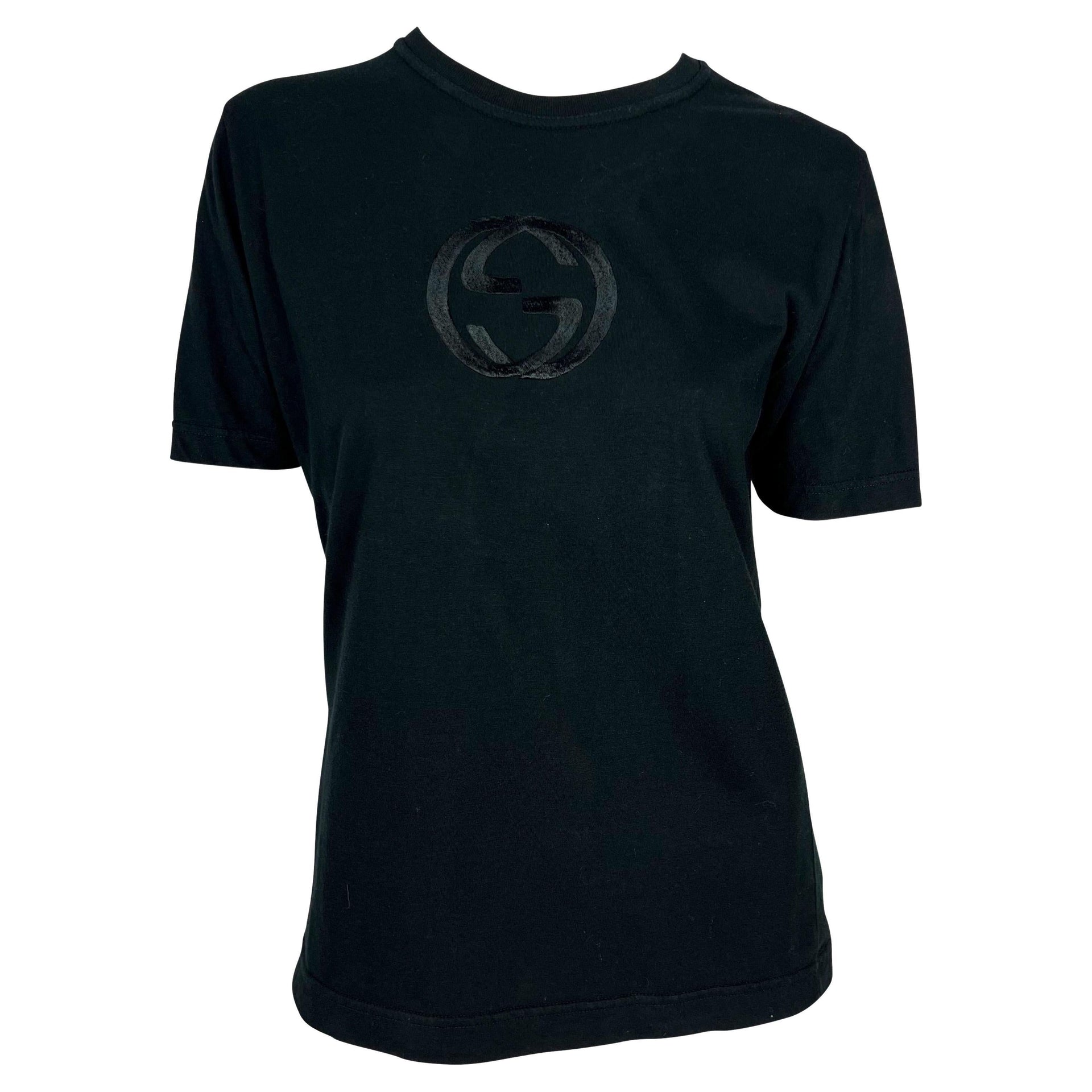 S/S 1997 Gucci by Tom Ford GG Logo Embroidered Black Stretch T-Shirt