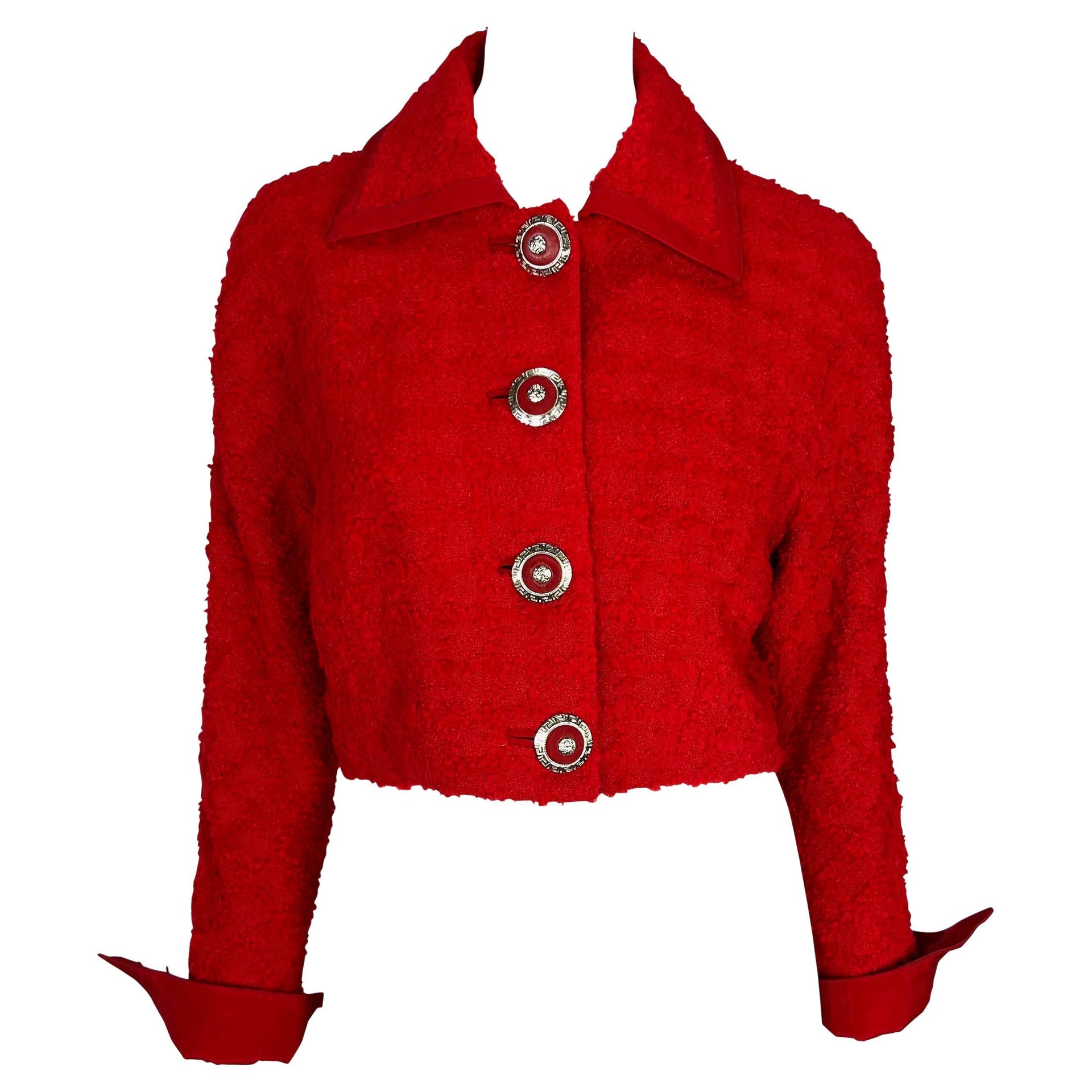 F/W 1994 Gianni Versace Couture Red Bouclé Tweed Cropped Medusa Jacket