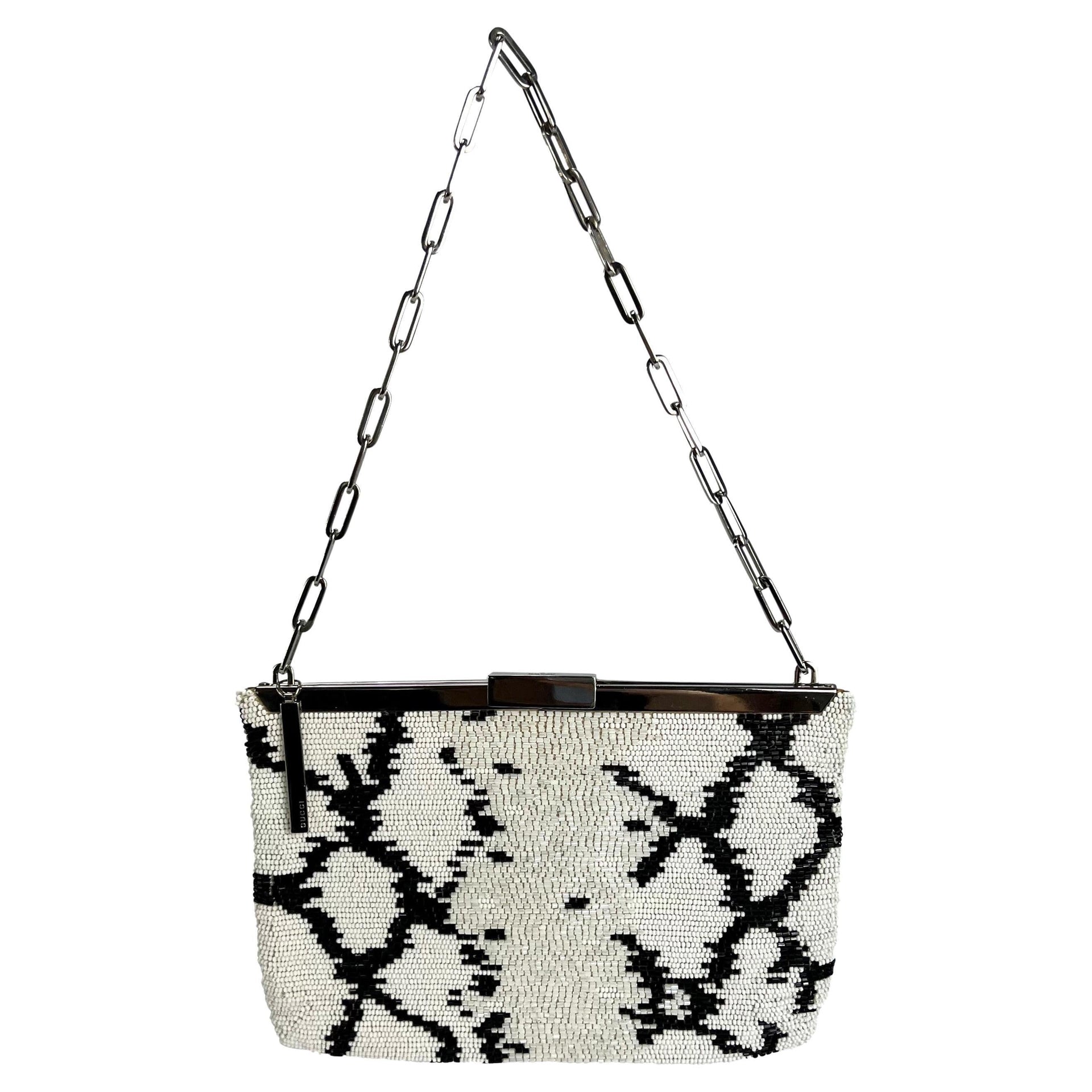 S/S 2000 Gucci by Tom Ford White Snakeskin Pattern Beaded Chain Small Bag