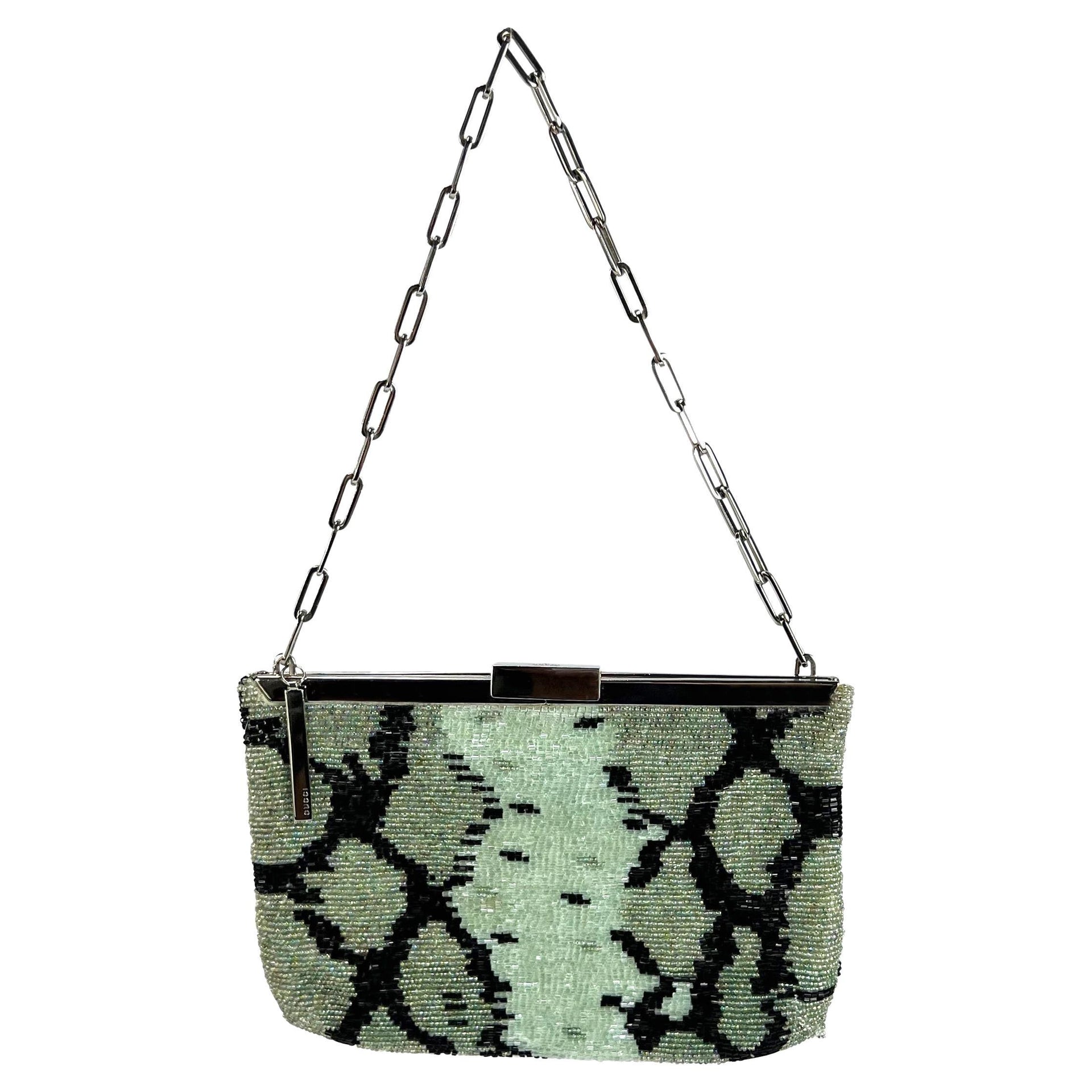 S/S 2000 Gucci by Tom Ford Green Snakeskin Pattern Beaded Chain Bag